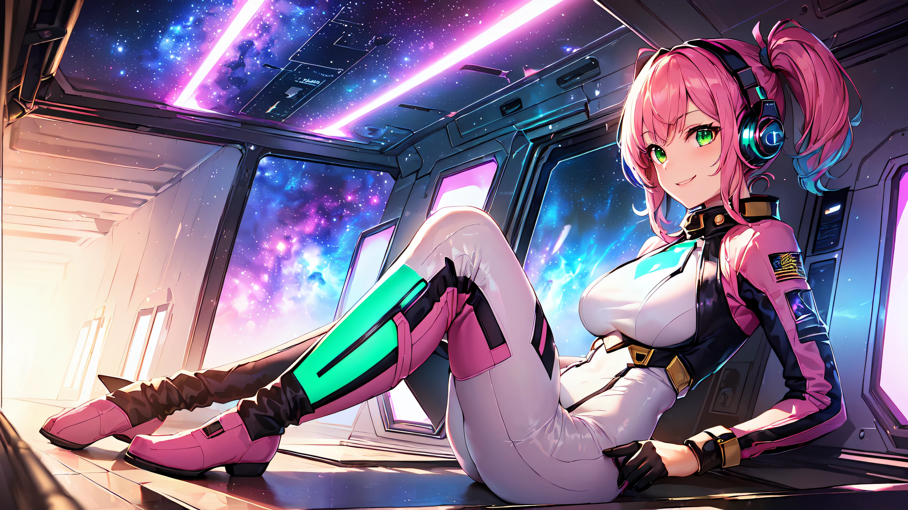 hd masterpiece, 1girl ((20year old, dressed in a tight futuristic bodysuit, boots, medium breasts:1.3, multicolor pink hair, twin ponytails, perfect model body:1.3, detailed green eyes:1.5, smiling, wearing headphones, walking in a space station tunnel hallway with windows showing a galaxy of stars and nebula:1.2, mid shot:1.4, fun and exciting atmosphere:1.2)) ((solo:1.7)) ((galaxy))
