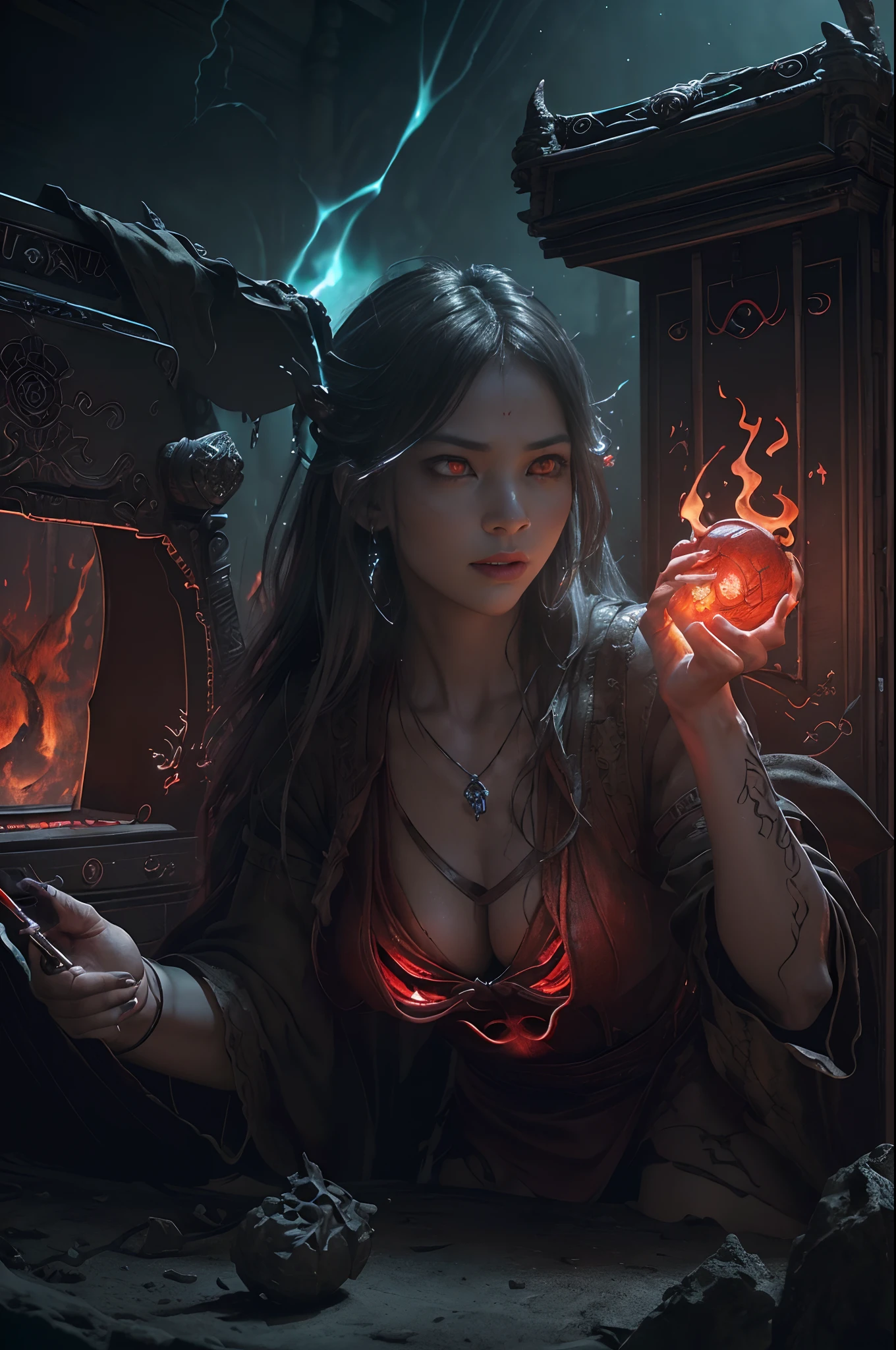 8K、Female demon with big breasts,(number々Award-winning masterpieces of、incredible detailing、textured、Maximum detail)、(hyper realisitic:1.4)、(reallistic:1.3)、(Top quality realistic textured skin)、(Elaborate perfectly symmetrical eyes)、Elaborate face、((medieval world))、((The Flame Devil of the Lord))、((The Fire Devil of the Lord's Hell))、(burning brightly、 Icy gaze)、(Full body like:1.6)、 (Horrific morphology)、(Eyes that glow red in the dark:1.5)、(A pair of red eyes emitting a strong red light from the inside:1.5)、(Swirling flames and flames in the background)、(dramatic light)、(A majestic sight)、(angry expressions)、Glass earrings in the ears、 (dramatic photography:1.4)、(dramatic pose)、(Mohican)、(Silver)hair)、(maroon hair)、(Upturned hair)、((Downward-pointing hair)、(A simple necklace with exquisite workmanship around the neck)、(Bioluminescence with a brilliant glow:1.3)、(Fancy Flame Magic:1.2)、(Swirling flames)、 The Great Temple of the Devil、 Great Temple、 Great Temple、great cathedral、Temple ruins、Detached temple、(Luminous Magic Circle)、Ruins of the old castle、Shining majestic cloud masses and sky、lightning、Epic graphics、Faded、art by、(by Greg Rutkowski:0.8)、(teal and orange:0.4)、(art stations:1.5)、cinematic、((Neutral Color))、(HDR:1.5)、(Muted colors:1.2)、The ultra-detailliert、dramatic light、(intricate detailes:1.1)、the complex background、Sharply extended fangs,sharply elongated claws,
