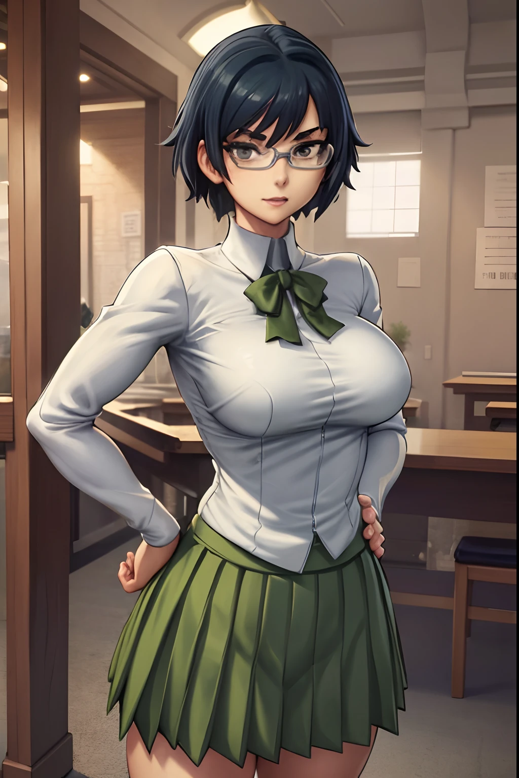 (best quality), (masterpiece), Shizune, school uniform, green skirt, white shirt, indoors, looking at viewer, head tilted back, mischievous expression, very large breasts, hands on hips, full body, pointy hair intakes