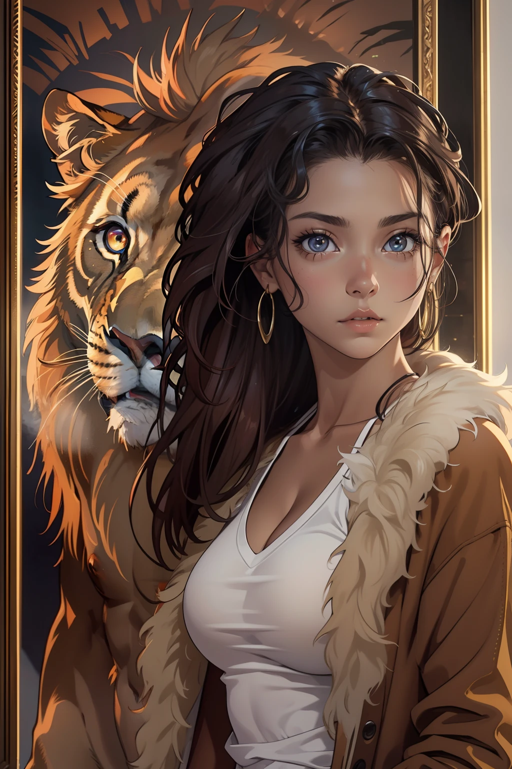 Mulher modelo posando, Muito bonita mulher de 20 anos, The background is a room with a large frame of a realistic lion, cabelos muito longos, Roupas reveladoras, gradient eyes, maquiagem, Cinematic lighting, , Ponto de vista de uma pessoa, canon, NFFSW, Retinas, masutepiece, ccurate, anatomicamente correto, pele texturizada, Super Detalhe, Detalhes altos, alta qualidade, premiados, best quality, alta resolução, 1080P, Hard disk, 4k, 8k, 16 mil