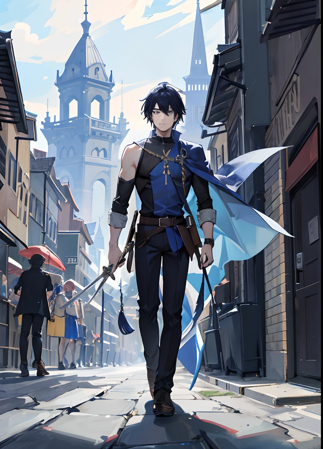 create an image: male in a fantasy medieval city standing upright in the style of Korean webtoons. He is wearing a blue tunic with a black vest and a belt. shirtless. He has a sword at his side. The background is a busy market street with people walking around and buildings with spires. The image is in black and white. It looks like a scene from a comic book or a graphic novel.