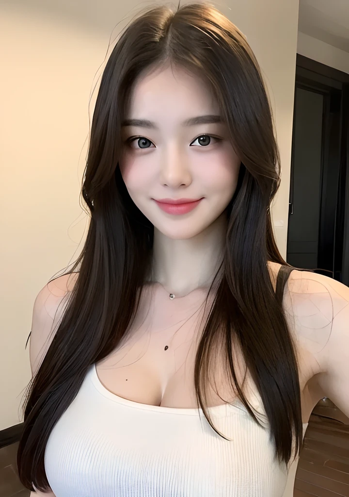 ((Best quality, 8k, Masterpiece :1.3)), 1girl, beautiful woman with emphasis on plump abs: 1.3, full body, (long hair, big breasts: 1.2), oversized tank top: 1.2, ultra-delicate face, delicate eyes, double eyelids, smile, home, random color clothes