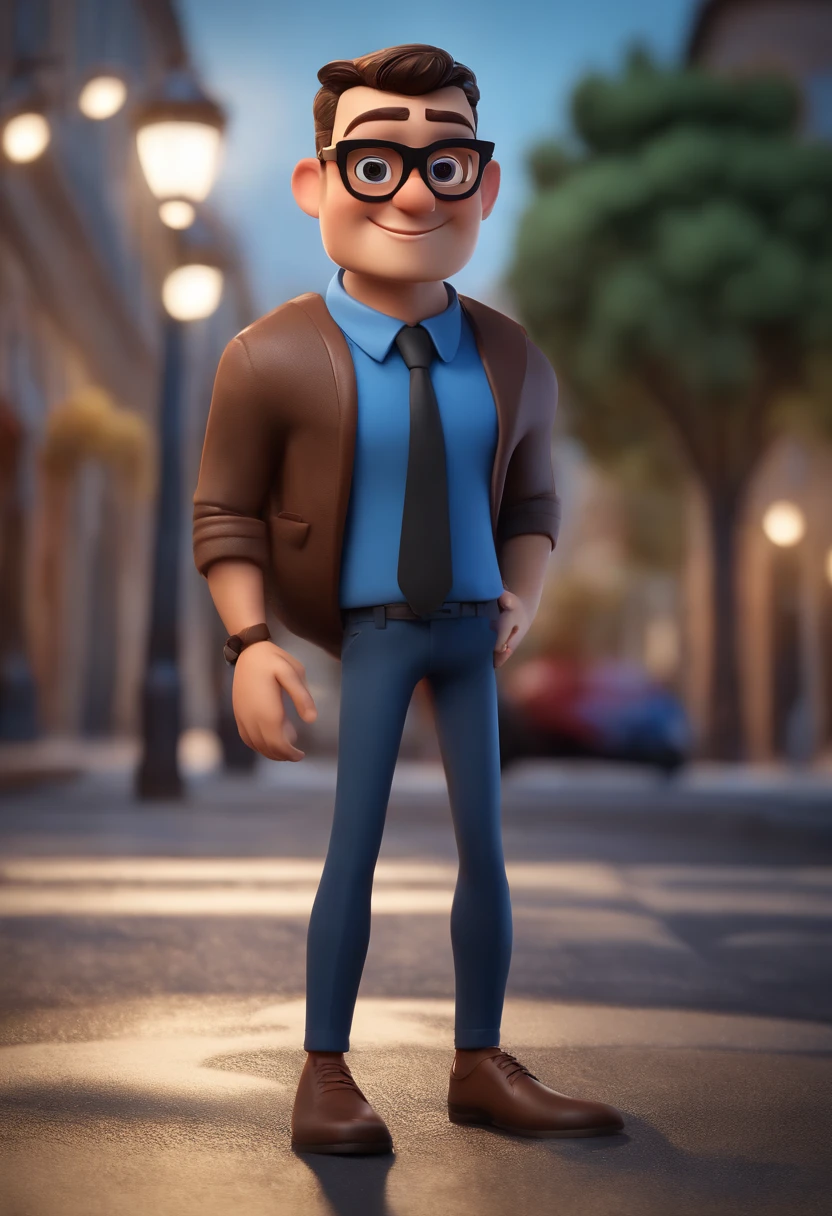 Cartoon character of a man with black glasses, cabelo cacheado marrom escuro e uma camisa azul, animation character, Caractere estilizado, animation style rendering, 3D estilizado, Arnold Maya render, 3 d render stylized, toon render keyshot, Personagem 3D, Personagem 3D, 3d rendering stylized, 3 d character render, personagem de desenho animado, Personagem de close up, Pose de personagem,  (Estilo Pixar) (master part:1.2) (Bokeh) (best quality) (pele detalhada) (textura detalhada) (8k) (argila) (Cinematic lighting) (foco nítido