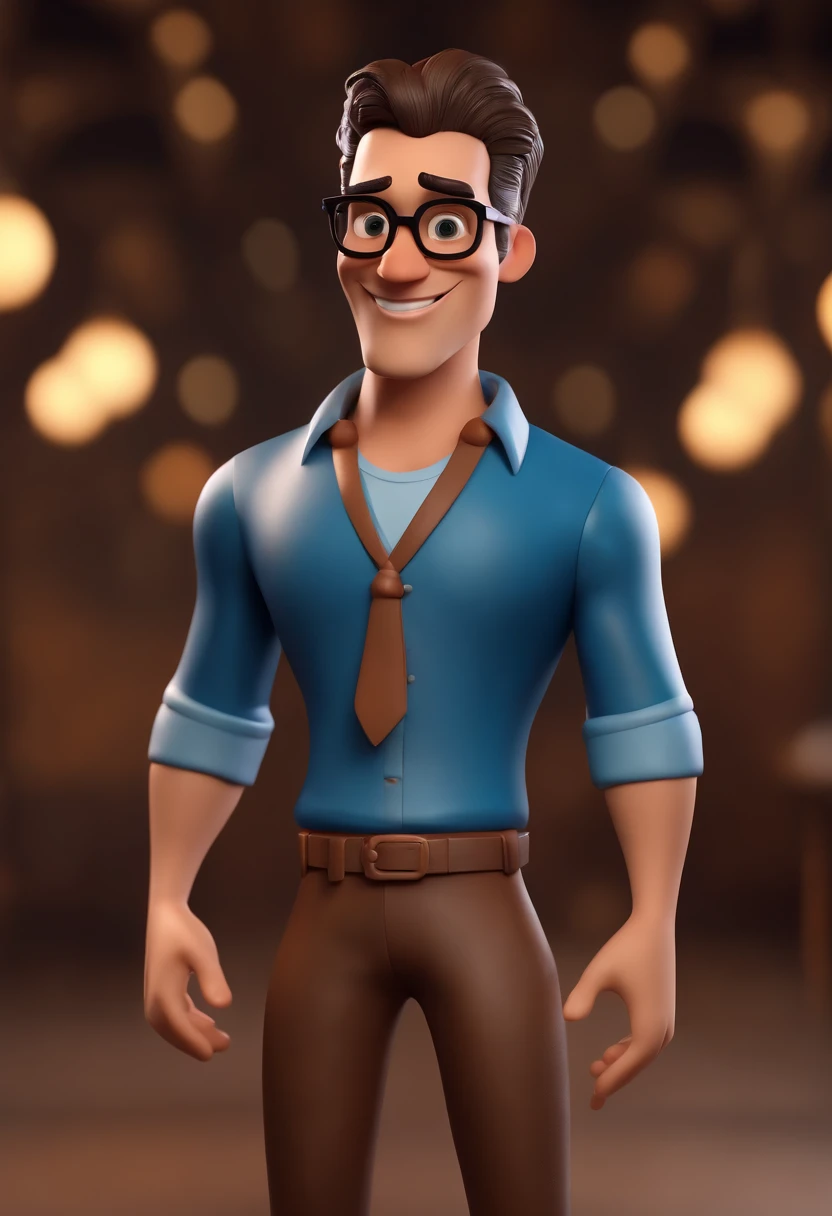 Cartoon character of a man with black glasses, cabelo cacheado marrom escuro e uma camisa azul, animation character, Caractere estilizado, animation style rendering, 3D estilizado, Arnold Maya render, 3 d render stylized, toon render keyshot, Personagem 3D, Personagem 3D, 3d rendering stylized, 3 d character render, personagem de desenho animado, Personagem de close up, Pose de personagem, (Estilo Pixar) (master part:1.2) (Bokeh) (best quality) (pele detalhada) (textura detalhada) (8k) (argila) (Cinematic lighting) (foco nítido