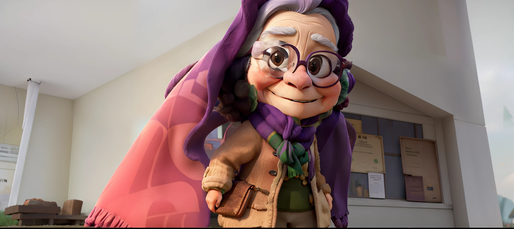 masterpiece, best quality, an old woman with glasses and a scarf on, wearing a purple coat and green scarf, standing at the park