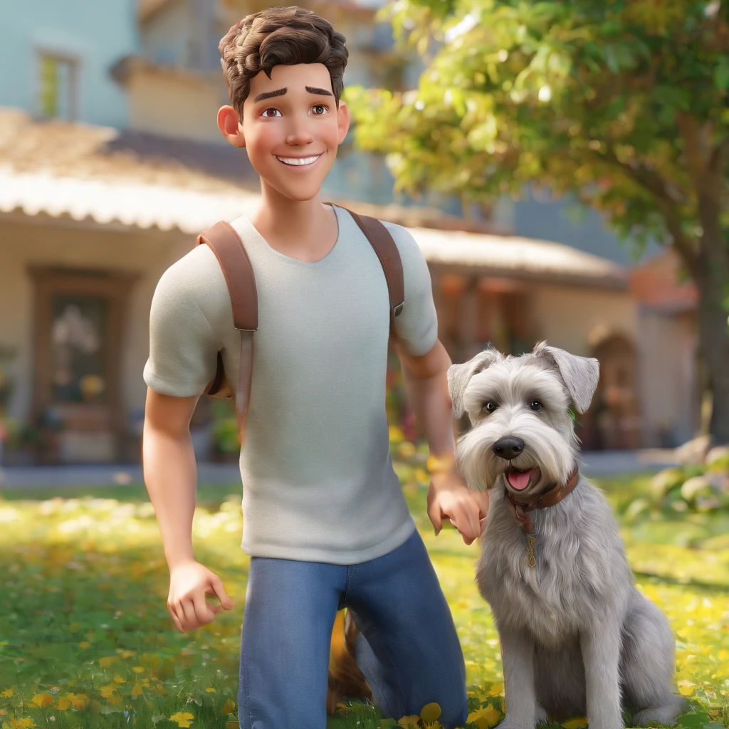 Lucas is a smiling -yeld hu boy, com seu fiel amigo, Bolt, o cachorro schnauzer, deitados no jardim