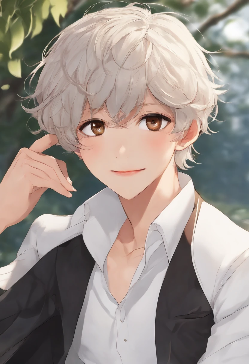 Sunny day, Elegant photo of a boy in a blazer, (Puffy eyes:1.05), (White shirt), Platinum brown hair,, (Flowing hair), Smile slightly, cheerfulness, blissful, highdetailskin, skin pore, stunning innocent symmetry face, Long eyelashes, Black eyeliner, (Sat down),opening legs,Emotional, Masterpiece, Best quality, Manhwa Style,
