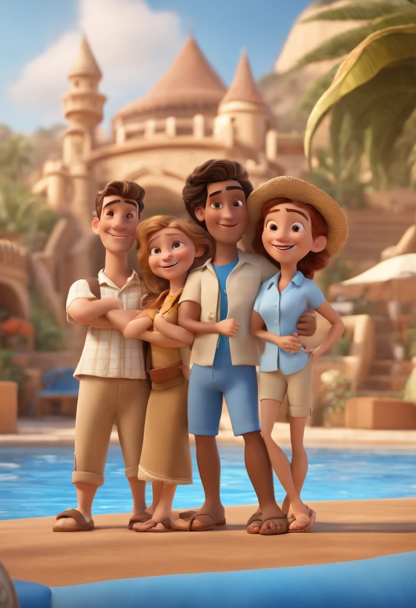 Cartoon of friends having fun on vacation together,  3D Animation Movie Poster, Poster de filme animado, pixar 3 d animation style, pixar renderman rendering, maia 8 mil, animated film, Disney Pixar Estilo 3D, amigos felizes saem juntos, all wearing light blue shirts and cream brown long pants, camisa azul clara, cream brown pants, ao ar livre, vacation, Disney Pixar Animation Poster