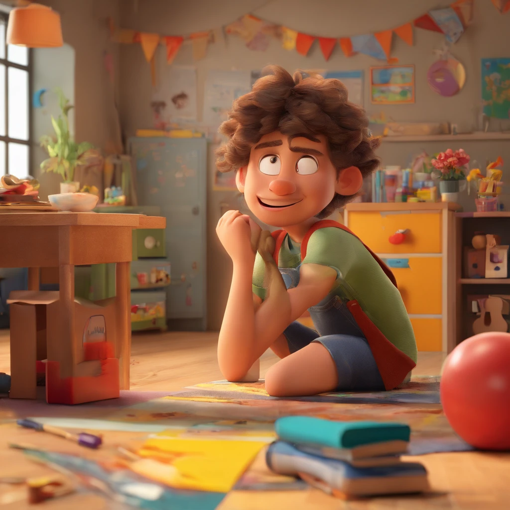 Create a poster inspired by Disney Pixar with the character being a 28-year-old boy, hair cut on the sides, straightened, brown eyes, thin beard, physical build, 70 kg at the gate of a school