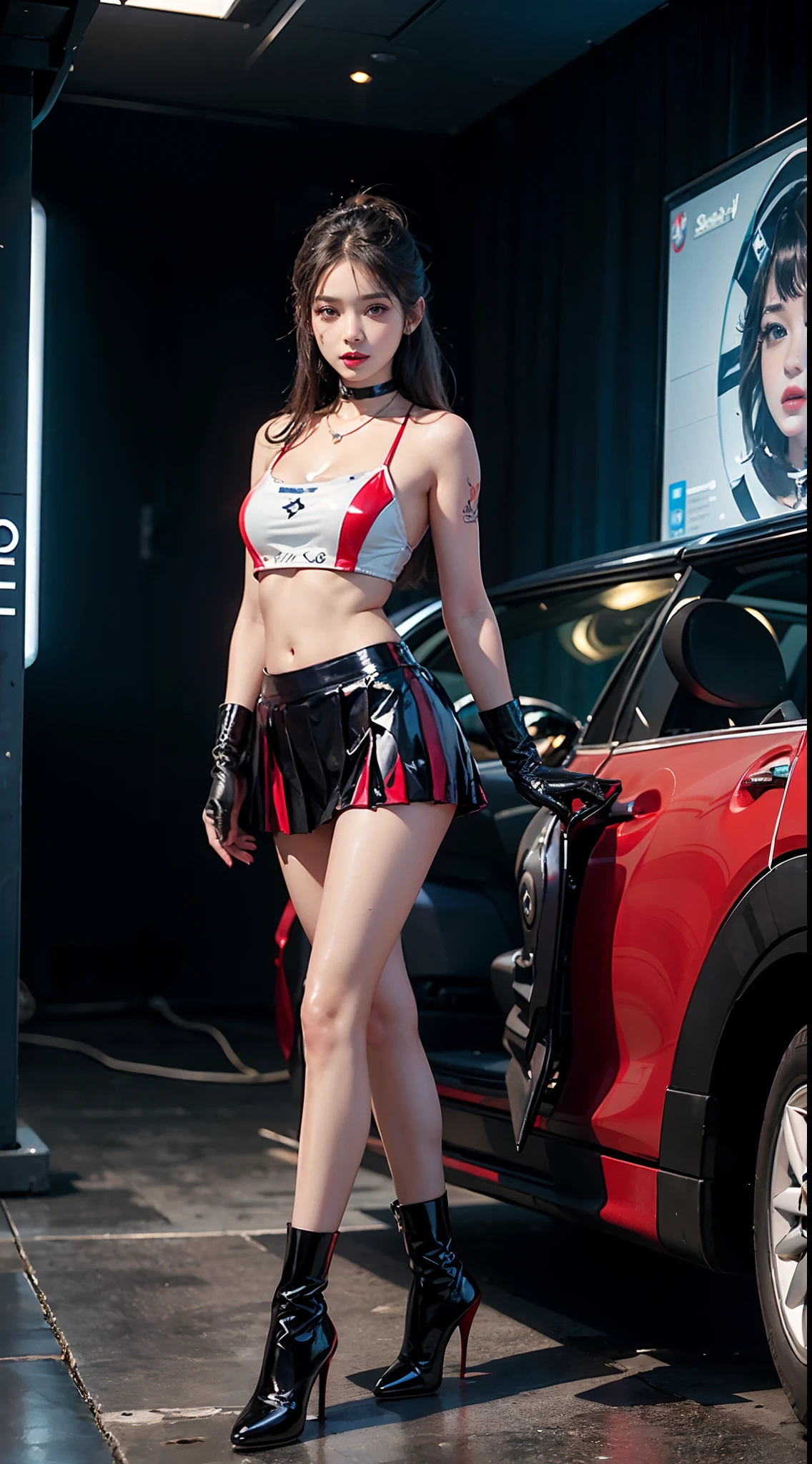 ((​masterpiece:1.4)、(top-quality:1.4)、(reallistic:1.7))、masuter piece:1.4、(Top-of-the-line rendering:1.4)、(Female SWAT member of the 73rd Division of the Space Federation:1.4)、Super Beautiful Investigator、(hold a gun:1.2)、Body Fit Sexy Uniform、(Glossy luxury latex:1.4)、(Navy blue sleeveless uniform jacket)、(Underwear White Sexy Super Ultra Bikini)、(Luxury Red Latex:1.4)、(Red pleated mini skirt:1.4)、22year old、(Cute tattoos:1.4)、(Wearing white gloves)、Kawaii Girl、Super beauty、foco nítido、Portrait photos、(Perfect female body:1.4)、perfectly proportions、Upper body photography:1.4、美丽的面容、Fearless look、beautidful eyes、Narrow waist、beauty legs、(length hair:1.2)、Beautiful udder、large full breasts:1.2、Sexy ass、(Standing facing the front:1.4)、Raw photo、red-lips、Red high heels:1.4、a choker:1.4、a necklace:1.4、耳环:1.4、1 screen display、Beautiful night view of Cyberpunk City:1.2