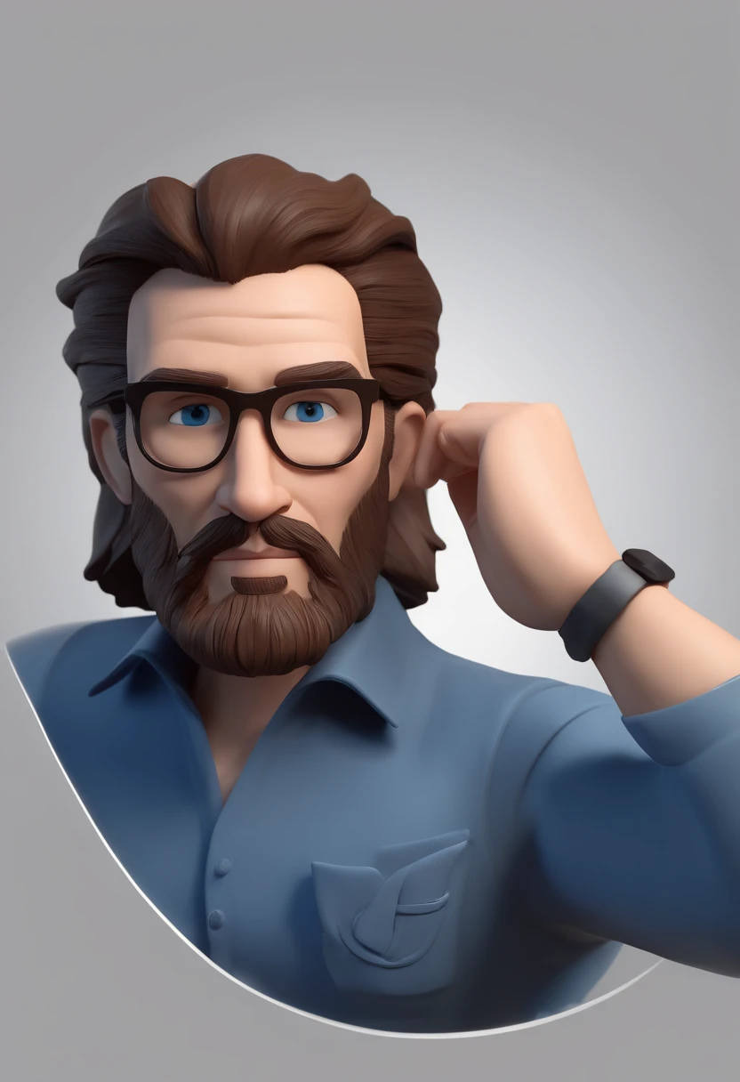 personagem dos desenhos animados de um homem de 35 anos, acima do peso, com barba longa de fios brancos e pretos, cabelo curto bem alinhado e uma camisa social azul, animation character, Caractere estilizado, animation style rendering, 3D estilizado, Arnold Maya render, 3 d render stylized, toon render keyshot, Personagem 3D, Personagem 3D, 3d rendering stylized, 3 d character render, personagem de desenho animado, Personagem de close up, Pose de personagem,  (Estilo Pixar) (master part:1.2) (Bokeh) (best quality) (pele detalhada) (textura detalhada) (8k) (argila) (Cinematic lighting) (foco nítido