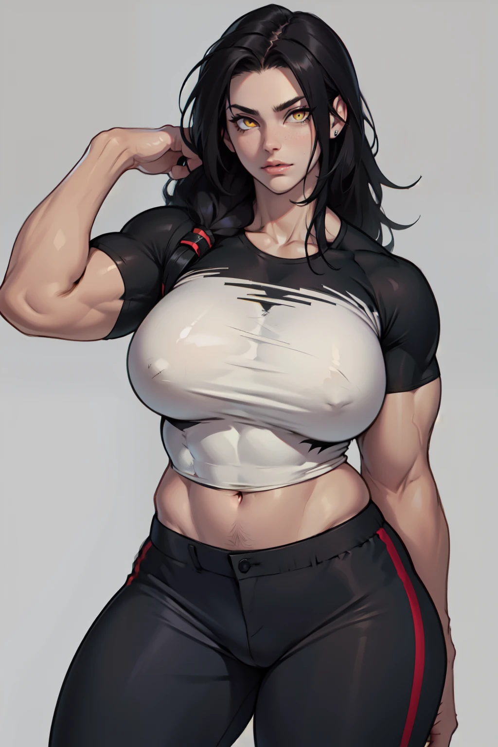 (1girl) pale skin huge breasts muscular toned bodythick thighs black hair yellow eyes (tight shirt and pants long hair grey background) bodybuilder