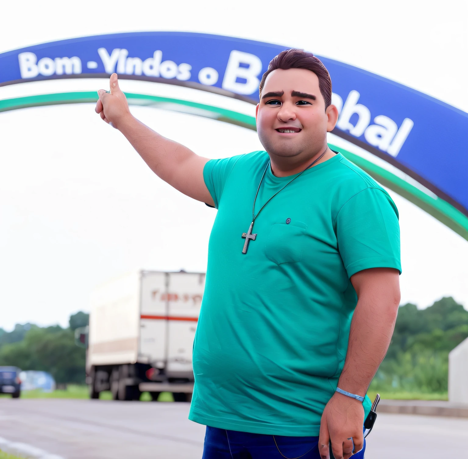Um homem estilo disney pixar, camisa verde, with high quality cross cord, melhor qualidade,