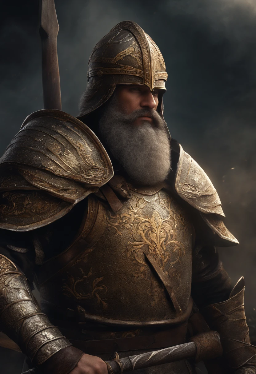 (giant,medieval,soldier:1.1,large,black,axe),(oil painting,highly detailed,painterly:1.2),(fantasy,battlefield,warrior),(armor,shiny,metallic),(beard,long,gray),(intense,serious expression),(detailed helmet,face partially visible),(muscular,heavy-set body),(majestic posture,standing tall),(dusty,hazy atmosphere),(rays of sunlight,filtering through the clouds),(smoke,dramatic effect),(strong,contrasting colors),(dynamic brushstrokes,texture),(epic,heroic),(golden accents,ornate details),(powerful swing,strong grip on the axe),(battle scars,on the armor and face),(considerable weight of the weapon,wooden handle with intricate carvings),(authentic historical accuracy),(determination,resolve),(harsh,low-key lighting),(muted,earthy tones),(breathtaking,imposing presence)