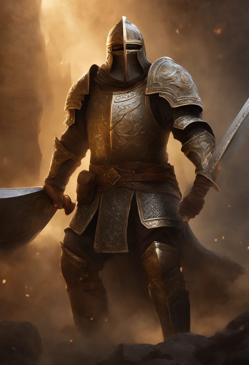 (giant,medieval,soldier:1.1,large,black,axe),(oil painting,highly detailed,painterly:1.2),(fantasy,battlefield,warrior),(armor,shiny,metallic),(beard,long,gray),(intense,serious expression),(detailed helmet,face partially visible),(muscular,heavy-set body),(majestic posture,standing tall),(dusty,hazy atmosphere),(rays of sunlight,filtering through the clouds),(smoke,dramatic effect),(strong,contrasting colors),(dynamic brushstrokes,texture),(epic,heroic),(golden accents,ornate details),(powerful swing,strong grip on the axe),(battle scars,on the armor and face),(considerable weight of the weapon,wooden handle with intricate carvings),(authentic historical accuracy),(determination,resolve),(harsh,low-key lighting),(muted,earthy tones),(breathtaking,imposing presence)