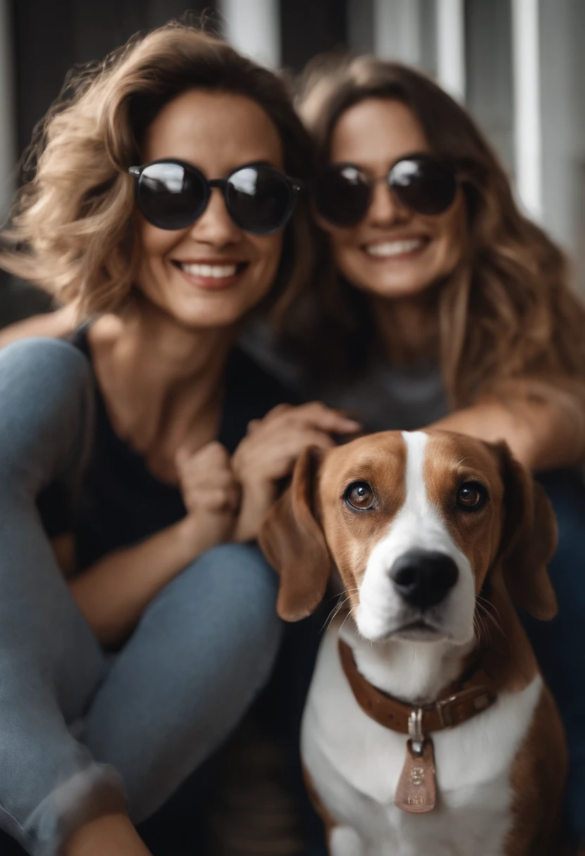 Pixar. Casal com um filhote de cachorro beagle marrom. A menina tem os cabelos loiros amarrados, Camiseta cinza e jeans claro, white glasses. O menino de cabelos pretos com cabelos grisalhos, barba pequena, oculos, Dark blue jeans and gray t-shirt. They are both smiling and are 40 years old