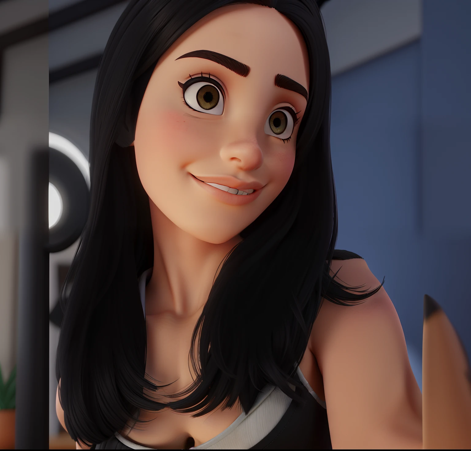 Uma mulher de olhos castanhos, cabelo preto e curto fazendo pose