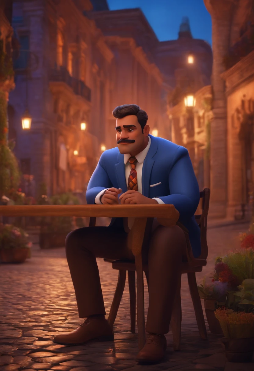 A city councilman looking at a dream project inspired by Pixar animation, de perto. The character takes center stage with captivating facial expressions, oferecendo um toque de irrealidade