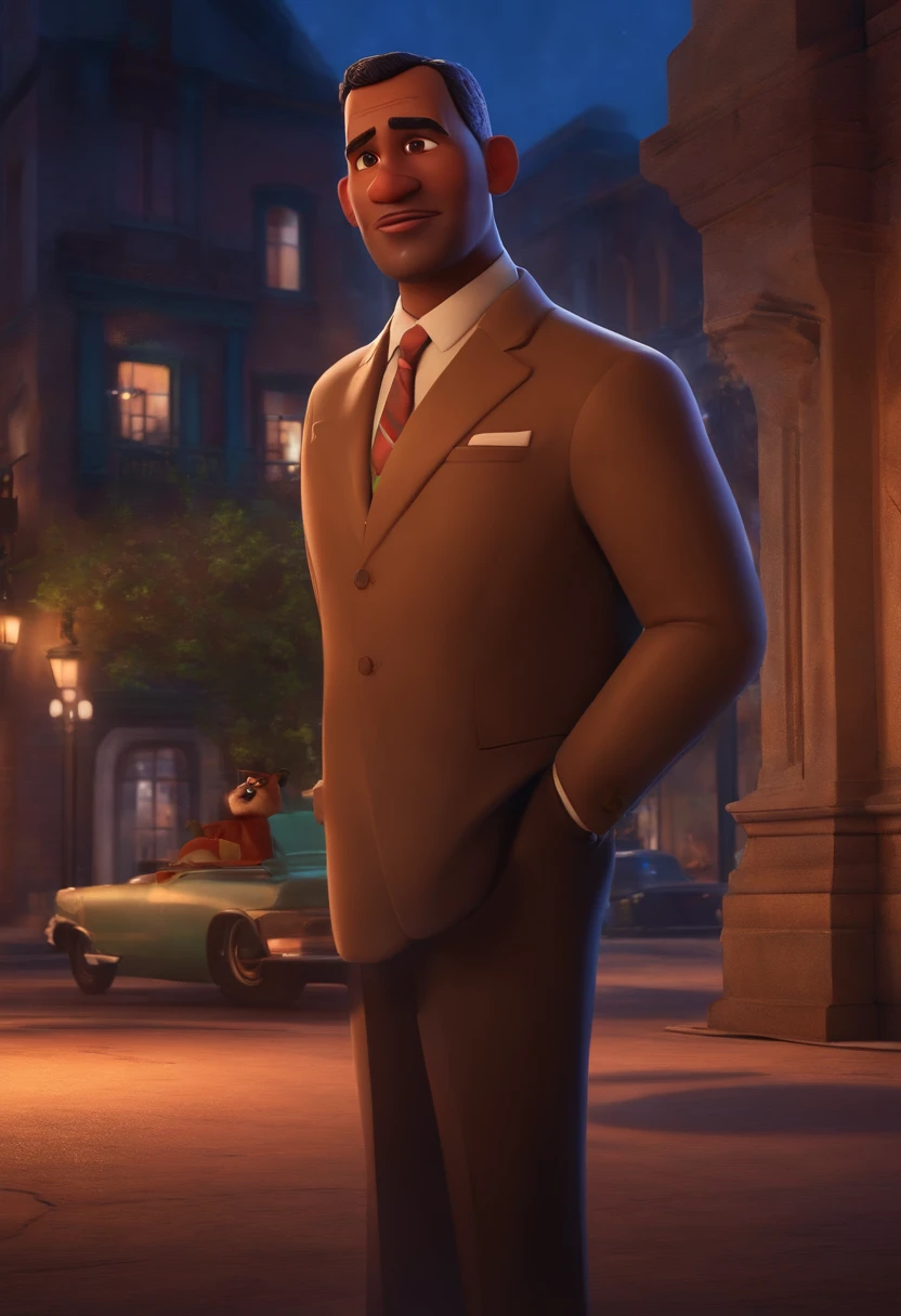 A city councilman looking at a dream project inspired by Pixar animation, de perto. The character takes center stage with captivating facial expressions, oferecendo um toque de irrealidade