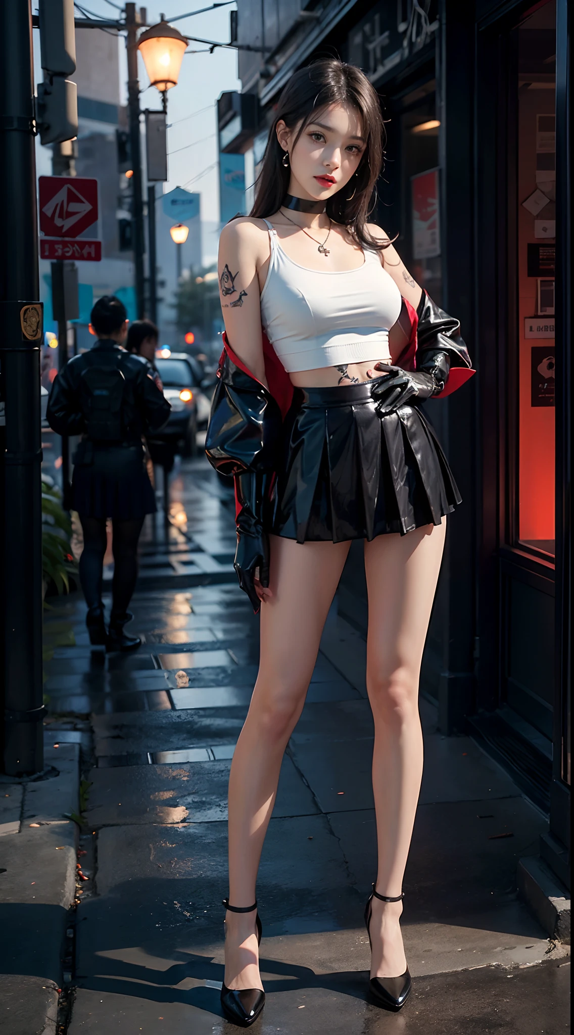 ((masterpiece:1.4)、(top-quality:1.4)、(reallistic:1.7))、masuter piece:1.4、(Top-of-the-line rendering:1.4)、(Female SWAT member of the 73rd Division of the Space Federation:1.4)、Super Beautiful Investigator、(hold a gun:1.2)、Body Fit Sexy Uniform、(Glossy luxury latex:1.4)、(Navy blue sleeveless uniform jacket)、(Underwear White Sexy Super Ultra Bikini)、(Luxury Red Latex:1.4)、(Pleated mini-skirt:1.4)、22year old、(Cute tattoos:1.4)、(Wearing white gloves)、Kawaii Girl、Super beauty、foco nítido、Portrait photos、(Perfect female body:1.4)、perfectly proportions、Full body shooting:1.4、beautiful countenance、Fearless look、beautidful eyes、Narrow waist、beauty legs、(length hair:1.2)、Beautiful udder、large full breasts:1.2、Sexy ass、Raw photo、red-lips、Red high heels:1.4、a choker:1.4、a necklace:1.4、耳Nipple Ring:1.4、1 screen display、Beautiful night view of Cyberpunk City:1.2