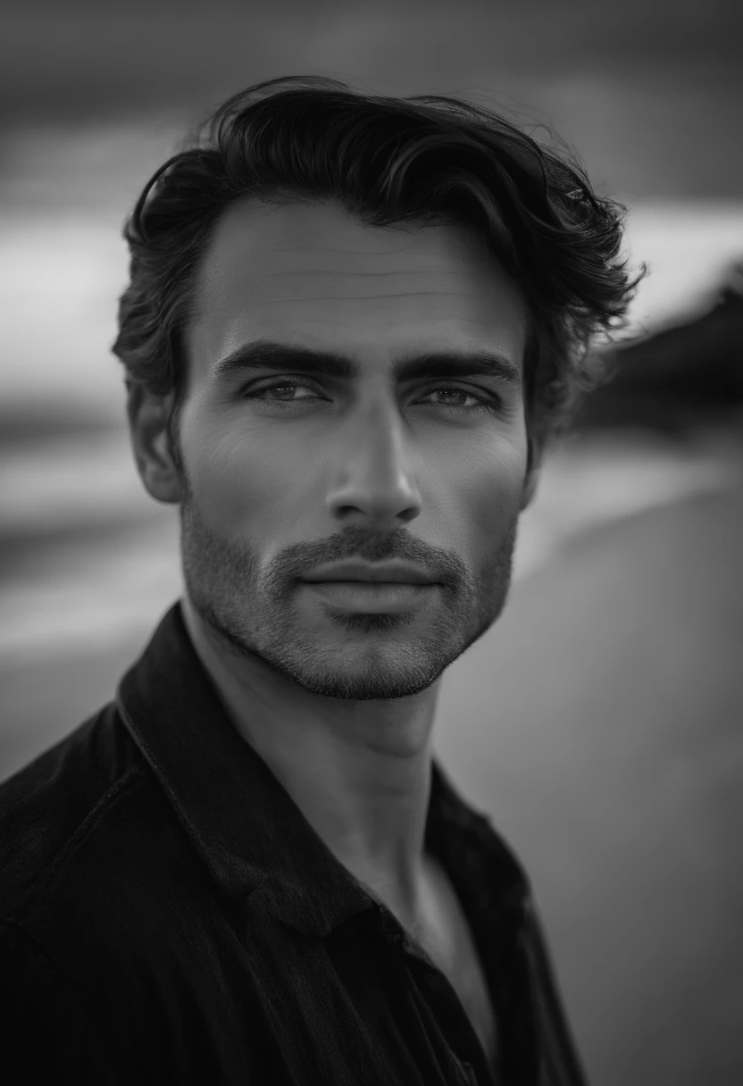 KMWLD, (foco nítido:1.2), fotografia, homem 43 anos atraente, (beautiful face:1.1), Olhos detalhados, lush lips, (maquiagem olho de gato:0.85), (olhos grandes:1.0), (corpo tonificado:1.2), (Cabelo dos anos 1990:1.2), Usando (Roupas dos anos 1990:1.2) em um (Praia:1.2). (Moody Lighting:1.2), profundidade de campo, Bokeh, 4k, HDR.