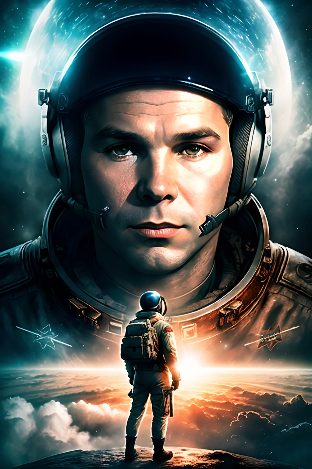 (Yuri Gagarin:1.3) cosmonaut USSR on a poster against the background of outer space and planets , full face
(foggy background, epic realistic, rutkowski, hdr, intricate details, hyperdetailed, cinematic, rim light, muted colors:1.2)