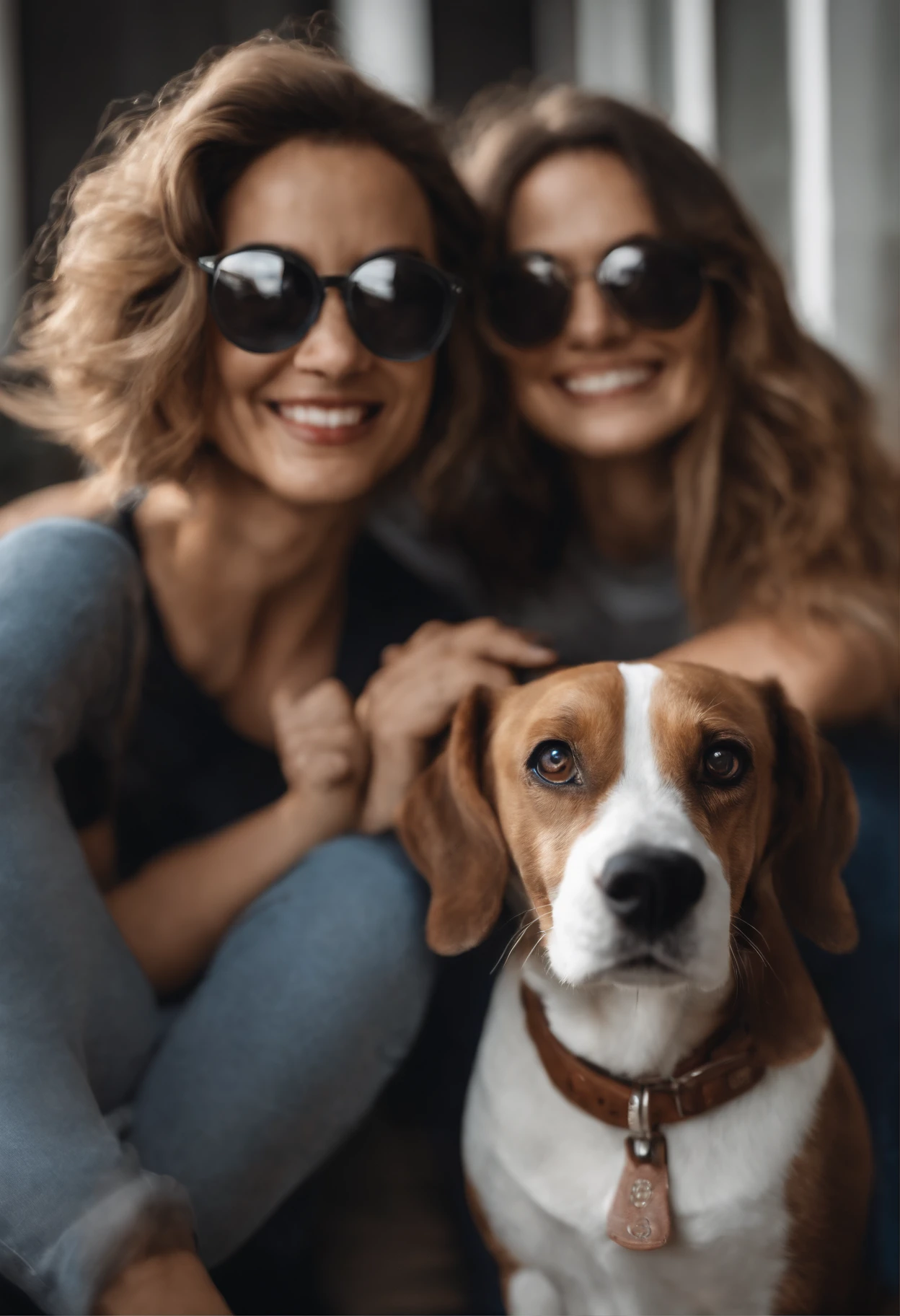 Pixar. Casal com um filhote de cachorro beagle marrom. A menina tem os cabelos loiros amarrados, Camiseta cinza e jeans claro, white glasses. O menino de cabelos pretos com cabelos grisalhos, barba pequena, oculos, Dark blue jeans and gray t-shirt. They are both smiling and are 40 years old