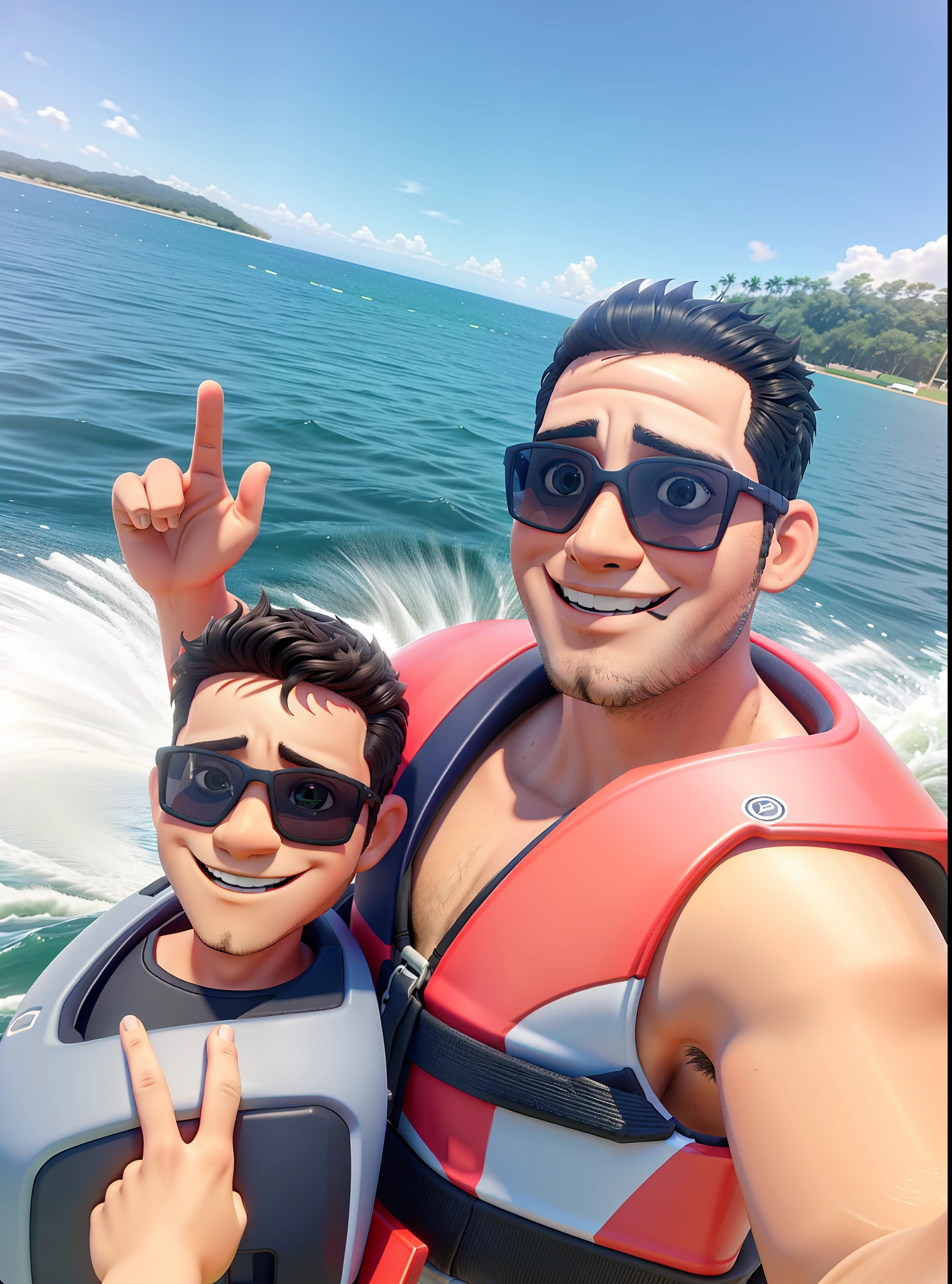 Pai e filho felizes andando de jetski num dia de sol
