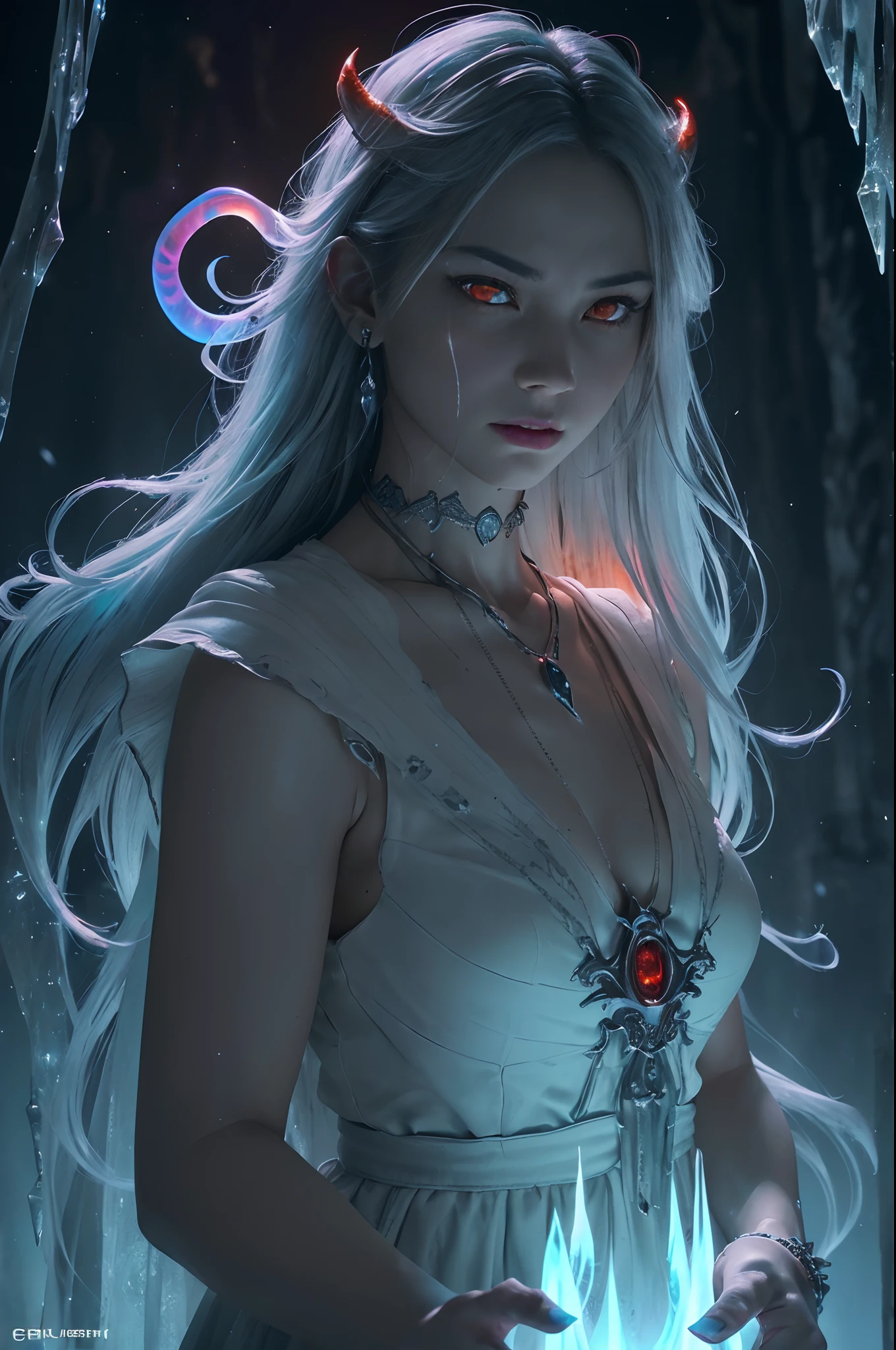 8K、Female demon with big、(number々Award-winning masterpiece、mind-blowing detail、Texture、Maximum detail)、(hyper realstic:1.4)、(realisitic:1.3)、(Upper Body Up:0.4)、(Realistic textured skin of the highest quality)、(Elaborate perfectly symmetrical eyes)、Elaborate face、((medieval world))、((The Lord's Ice Devil))、((The Ice Devil of the Lord's Hell))、(Ice Wall and Ice Eye)、(Like the whole body:1.6)、 (Horrible forms)、(Eyes glowing red in the dark:1.5)、(A pair of red eyes emitting a strong light, blue light from inside:1.5)、(Swirling wall of snow and ice in the background)、(dramatic light)、(A majestic sight)、(angry expressions)、Jewelry piercings in the ears、 (dramatic pose)、(Mohican)、(silber hair)、(maroon hair)、(Upturned hair)、((Downward hair)、(A simple necklace with exquisite workmanship around the neck)、(Bioluminescence with a brilliant glow:1.4)、(Fancy Flame Magic:1.3)、(Swirling flames)、 The Great Temple of the Devil、 Great Temple、 Great Temple、great cathedral、Temple ruins、Separate Temples、(Luminous Magic Circle)、Ruins of the old castle、Shining majestic cloud masses and sky、lightning、Epic graphics、Faded、art by、(by Greg Rutkowski:1.2)、(teal and orange:0.8)、(art stations:0.4)、cinematic、((Neutral Color))、(HDR:1.5)、(Subdued Color:1.5)、The ultra-detailliert、dramatic light、(intricate detailes:1.2)、the complex background、Sharply extended fangs、sharply elongated claws、Variant Demons、