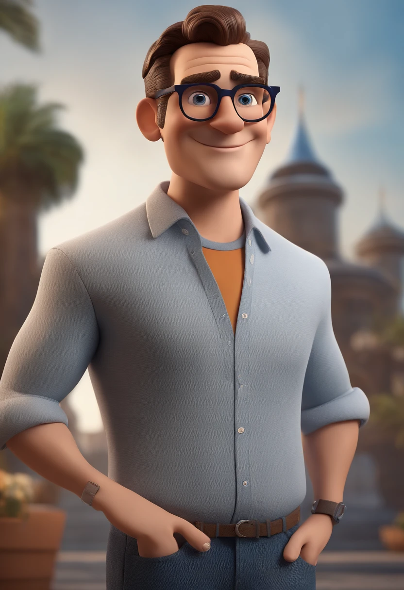Cartoon character of a man with black glasses and a blue shirt, animation character, Caractere estilizado, animation style rendering, 3D estilizado, Arnold Maya render, 3 d render stylized, toon render keyshot, Personagem 3D, Personagem 3D, 3d rendering stylized, 3 d character render, personagem de desenho animado, Personagem de close up, Pose de personagem,  (Estilo Pixar) (master part:1.2) (Bokeh) (best quality) (pele detalhada) (textura detalhada) (8k) (argila) (Cinematic lighting) (foco nítido