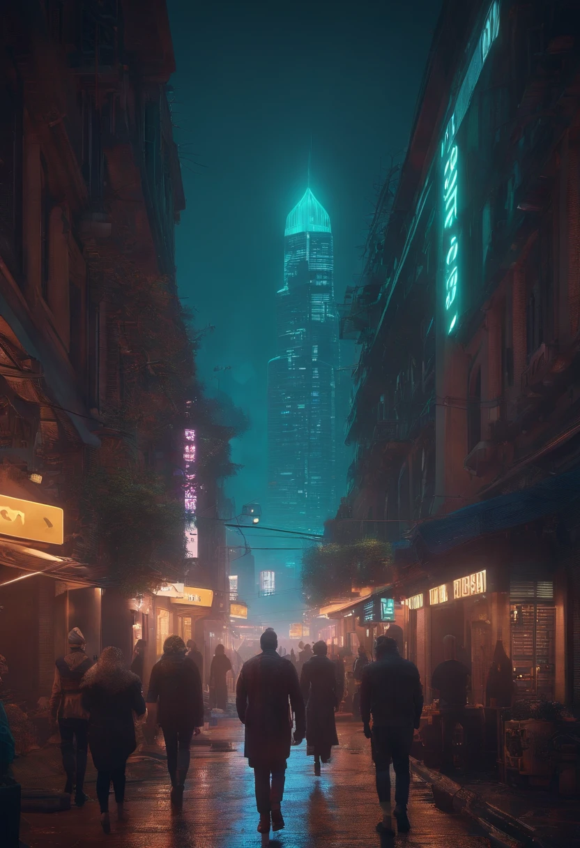 people walking in a city at night with a large clock tower in the background, Em uma cidade cyberpunk futurista com letreiros em neom escrito[CREATORS COMPANY], Cena cyberpunk futurista, Arstation e Beeple altamente, En Fantasy Sci - Cidade de Fi, Sci-Fi Cyberpunk Rua da Cidade, busy cyberpunk metropolis, 3 d render bipe, cinematic beeple, Rua Cyberpunk City, Em estilo Beeple