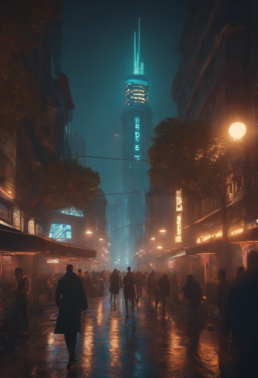 people walking in a city at night with a large clock tower in the background, Em uma cidade cyberpunk futurista com letreiros em neom escrito[CREATORS COMPANY], Cena cyberpunk futurista, Arstation e Beeple altamente, En Fantasy Sci - Cidade de Fi, Sci-Fi Cyberpunk Rua da Cidade, busy cyberpunk metropolis, 3 d render bipe, cinematic beeple, Rua Cyberpunk City, Em estilo Beeple