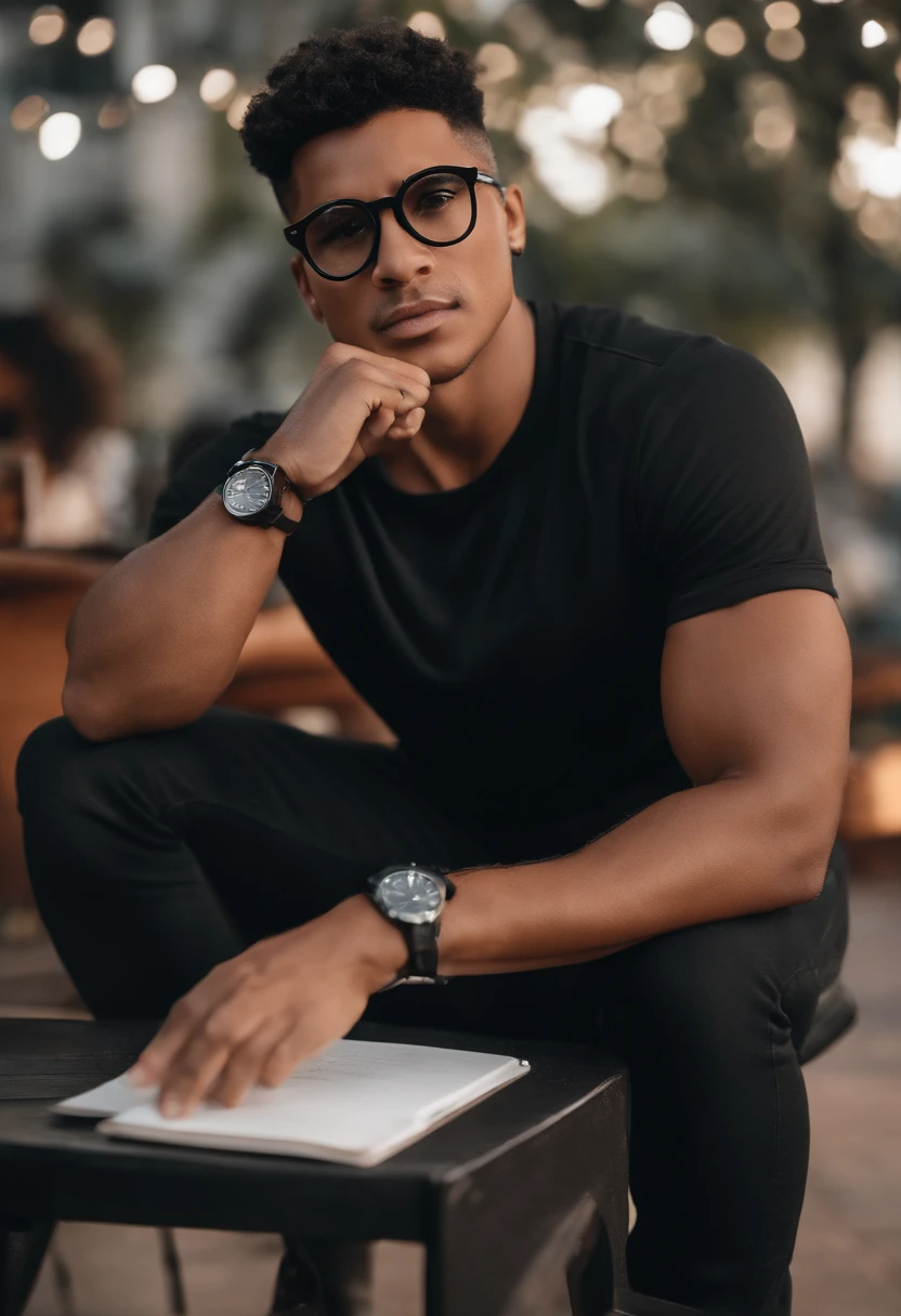 personagem dos desenhos animados estilo Pixar, of a man with black glasses and a black t-shirt writing production,cavanhaque preto, cabelos estilo militar preto, sombrancelhas pretas, black jeans pants , tenis cinza, relogio de pulso preto.