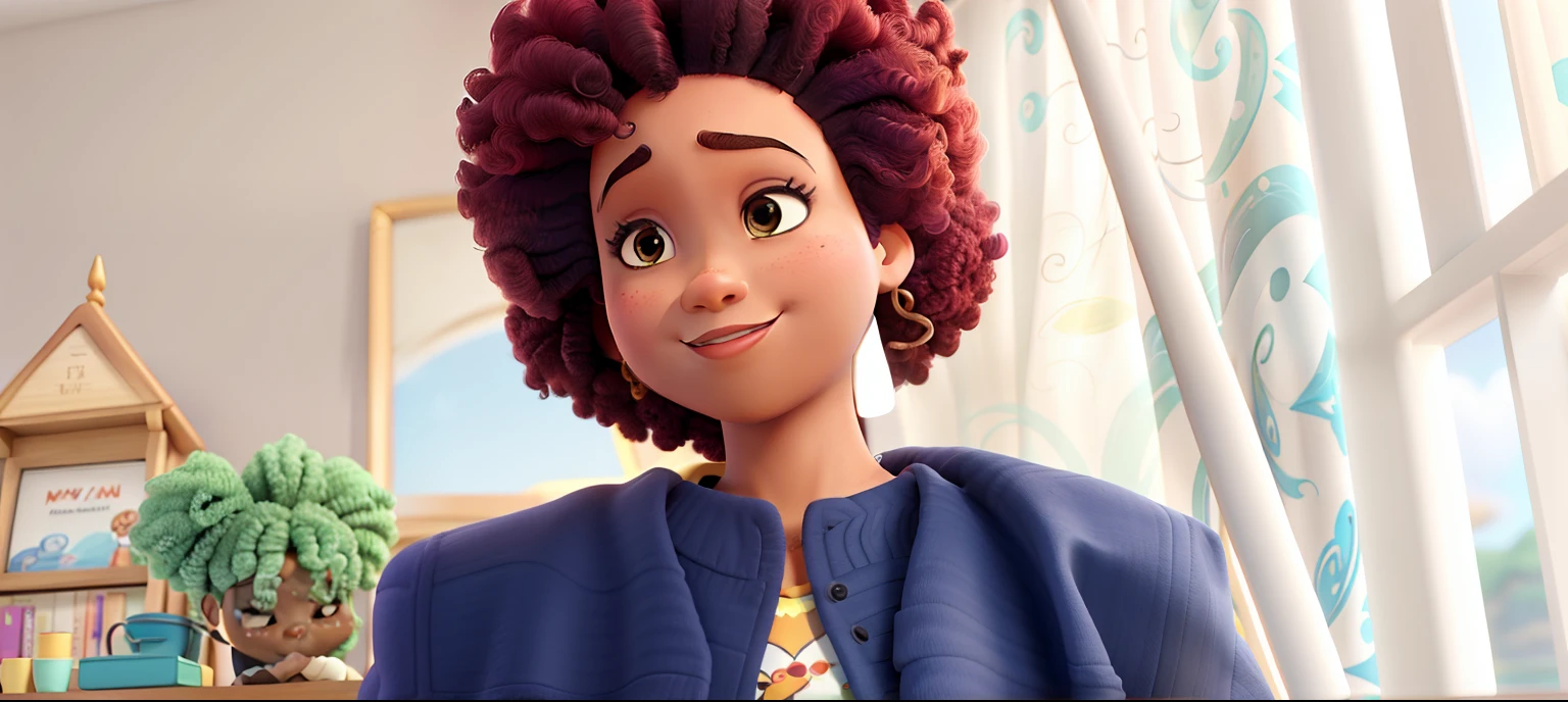 Uma mulher afro com cabelos vermelhos altos estilo disney pixar, alta qualidade, melhor qualidade