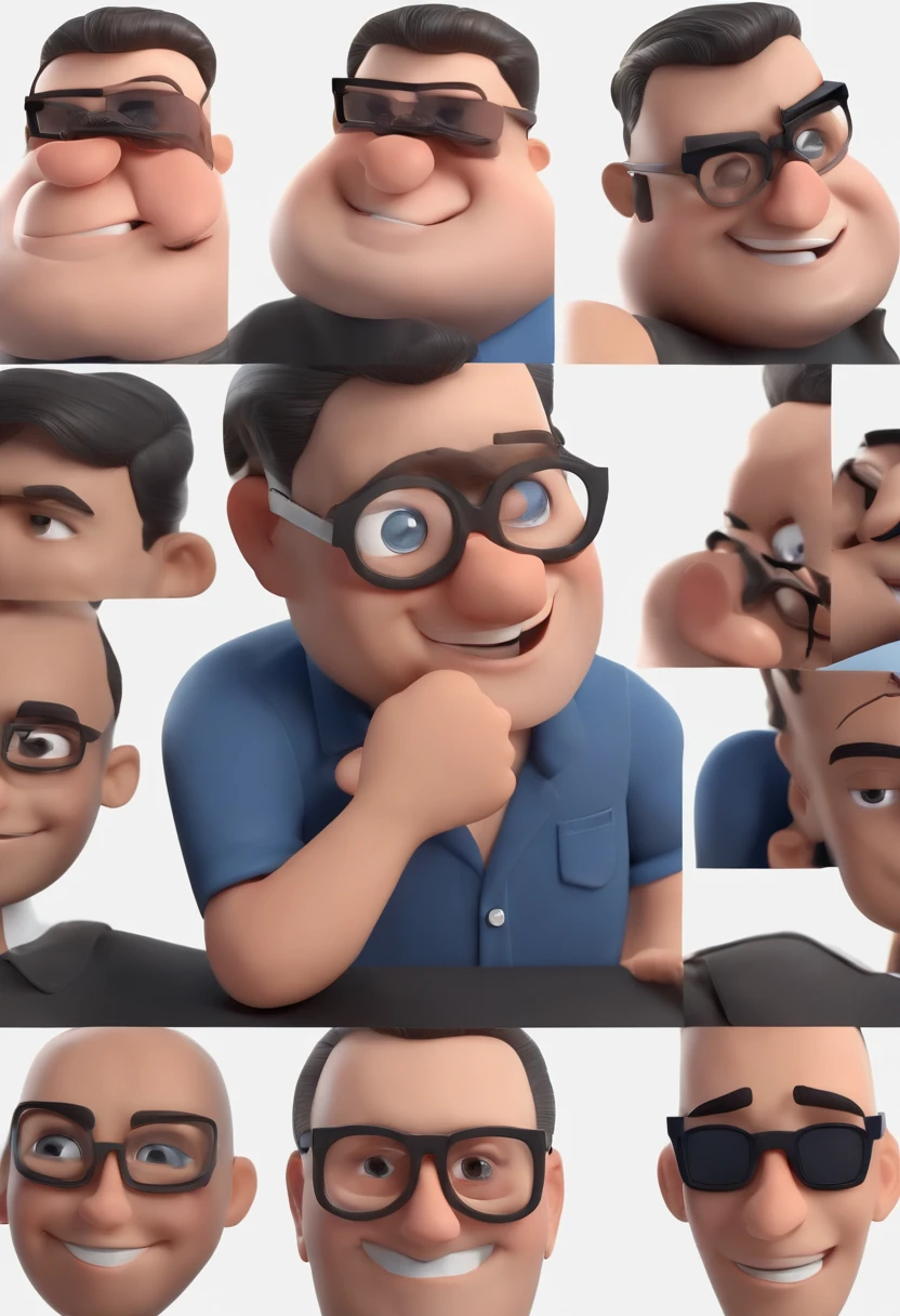Cartoon character of a man wearing black glasses and a blue shirt, um personagem animado, Caractere estilizado, animation style rendering, 3D estilizado, Arnold Maya render, 3 d render stylized, toon render keyshot, Personagem 3D, Personagem 3D, 3d rendering stylized, 3 d character render, personagem de desenho animado, Personagem de close up, Pose de personagem, (Estilo Pixar) (master part:1.2) (Bokeh) (best quality) (pele detalhada) (textura detalhada) (8k) (argila) (Cinematic lighting) (foco nítido，Senta e vaza a parte superior do corpo