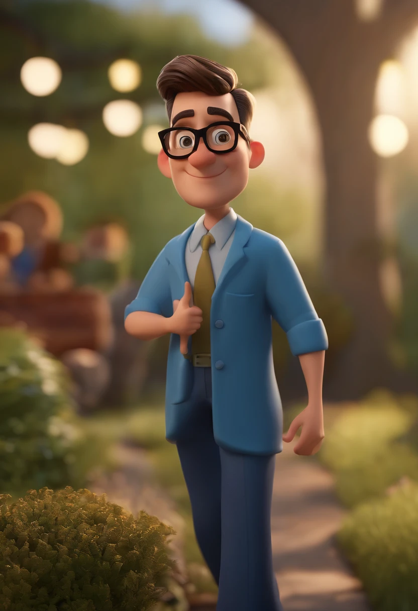Cartoon character of a man wearing black glasses and a blue shirt, um personagem animado, Caractere estilizado, animation style rendering, 3D estilizado, Arnold Maya render, 3 d render stylized, toon render keyshot, Personagem 3D, Personagem 3D, 3d rendering stylized, 3 d character render, personagem de desenho animado, Personagem de close up, Pose de personagem, (Estilo Pixar) (master part:1.2) (Bokeh) (best quality) (pele detalhada) (textura detalhada) (8k) (argila) (Cinematic lighting) (foco nítido，Senta e vaza a parte superior do corpo
