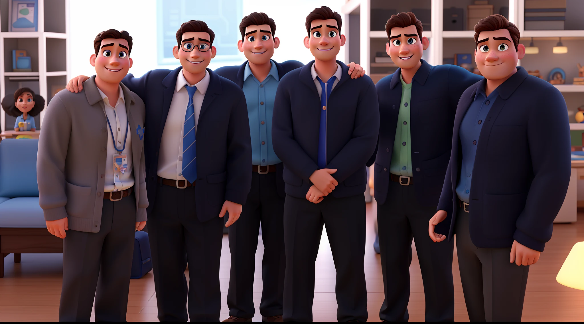 Sales team of a company in Disney Pixar 3D character style. Maintain the facial details exactly like the original photo, accessories, and the character's facial expressions.