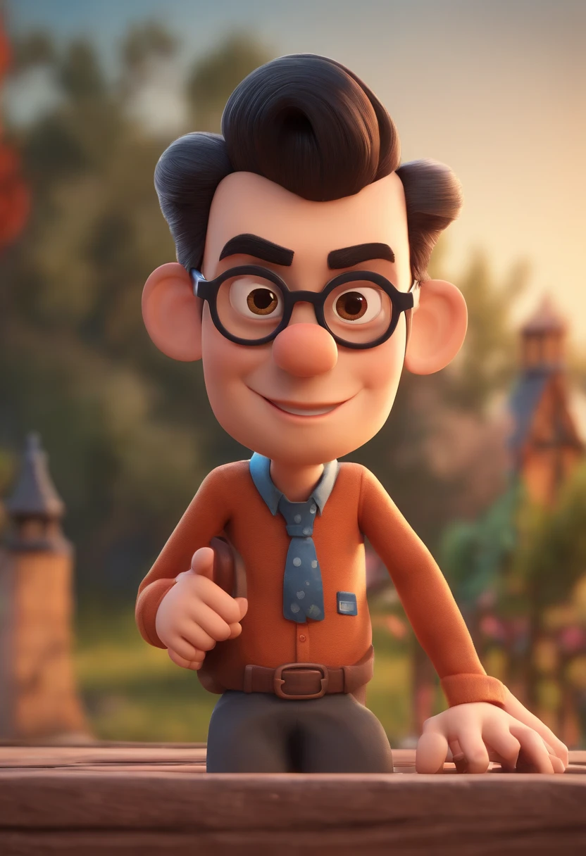 Cartoon character of a man wearing black glasses and a blue shirt, um personagem animado, Caractere estilizado, animation style rendering, 3D estilizado, Arnold Maya render, 3 d render stylized, toon render keyshot, Personagem 3D, Personagem 3D, 3d rendering stylized, 3 d character render, personagem de desenho animado, Personagem de close up, Pose de personagem, (Estilo Pixar) (master part:1.2) (Bokeh) (best quality) (pele detalhada) (textura detalhada) (8k) (argila) (Cinematic lighting) (foco nítido,Senta e vaza a parte superior do corpo