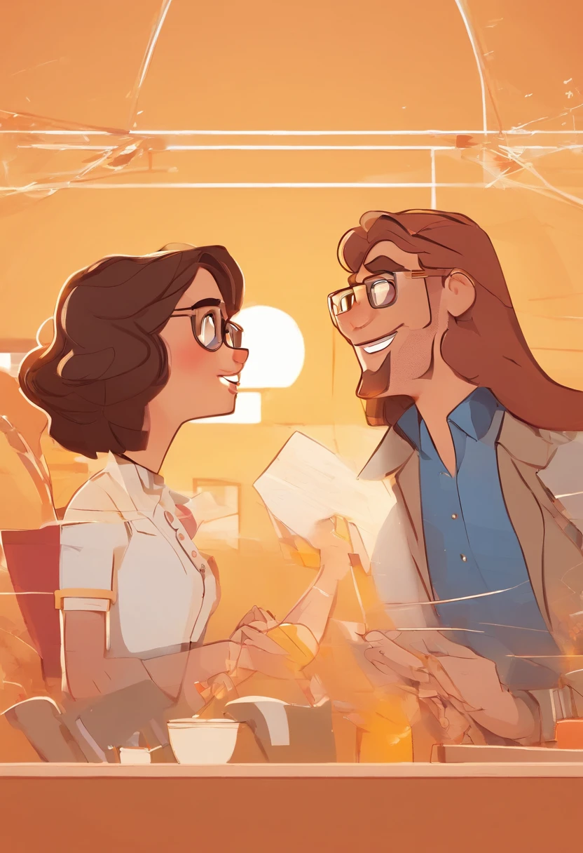 An illustration of an adorable couple, Spotlight on a brunette man with glasses, cabelos curto estilo militar , Very short smiling beard and a short brunette woman with beautiful expressive eyes - the man's skin is light brown and the man's hair has, while the woman's skin is light brown and the woman's hair long black straight They are a bright room, cada um com um sorriso no rosto, e compartilhar um momento especial caracterizado pelo amor, Insights. Illustrate this scene from a perspective where they are facing the camera, Smiling and Showing Your Connection. Desenvolva esta arte em Full HD, Focus on your cinematic touch, Estilo Disney Pixar Animations