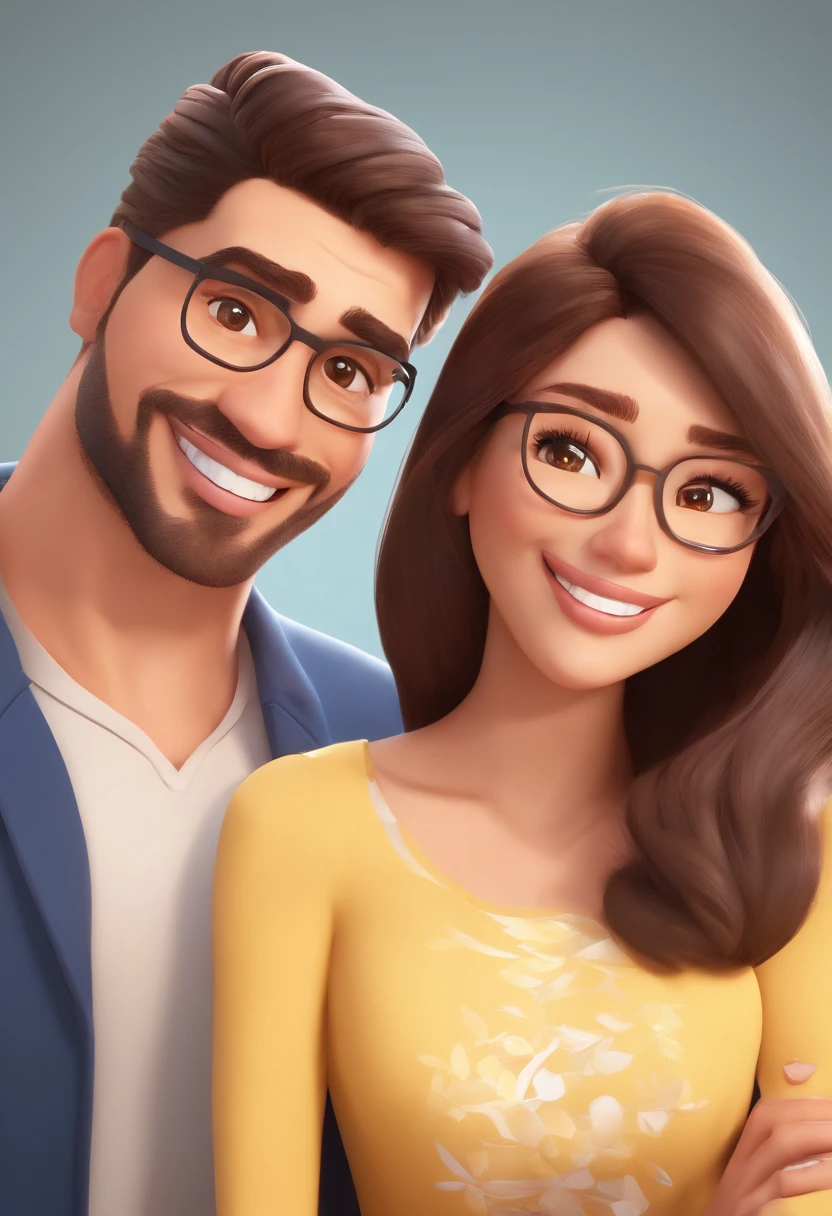 An illustration of an adorable couple, Spotlight on a brunette man with glasses, cabelos curto estilo militar , Very short smiling beard and a short brunette woman with beautiful expressive eyes - the man's skin is light brown and the man's hair has, while the woman's skin is light brown and the woman's hair long black straight They are a bright room, cada um com um sorriso no rosto, e compartilhar um momento especial caracterizado pelo amor, Insights. Illustrate this scene from a perspective where they are facing the camera, Smiling and Showing Your Connection. Desenvolva esta arte em Full HD, Focus on your cinematic touch, Estilo Disney Pixar Animations