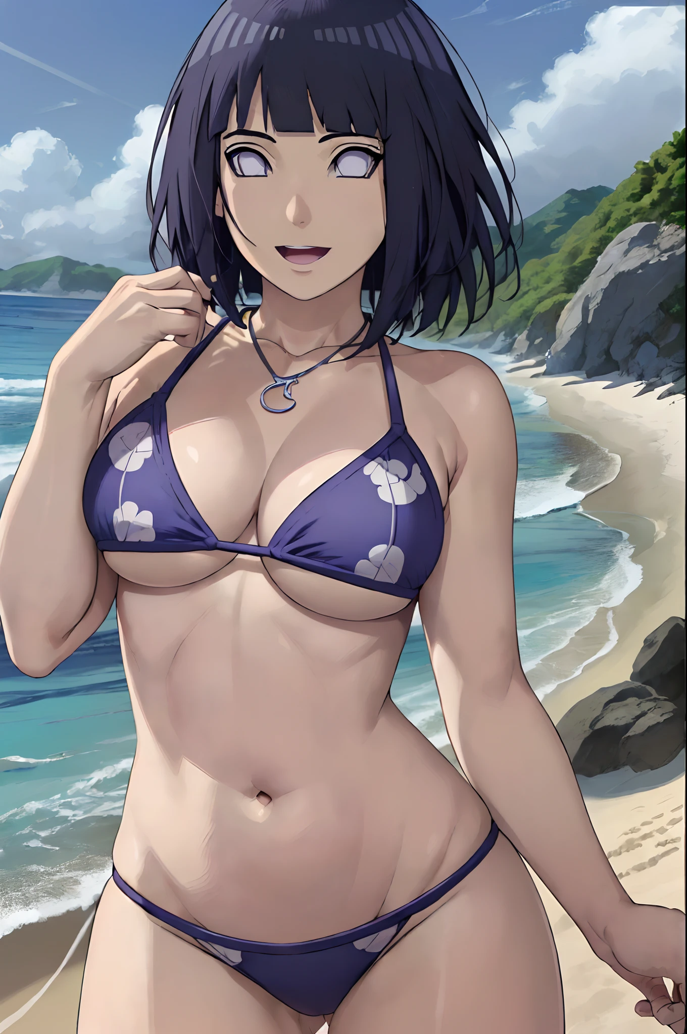 (female wrestler, micro bikini only, necklace, (bare elbow))
(Thighs, legs, very big breasts, off-shoulders, little biceps, (flat belly, groin, detailed shoulders), 
(bare body, bare chest, bare shoulders, bare hands, bare legs, cleveage), 
(WALLPAPER, upper body view,  (hinata\(boruto\), masterpiece, 4k, beach, contrast lighting, mature female, milf, (curvy:0.8), solo, anime style, sharp focus, professional artwork, intricate details, digital blending, ultra detailed body, ultra detail hair, ultra detail face, trending on pixiv, detailed bold arm lines, high color saturation, bold lines, bold drawing lines),
(standing, stretching, open mouth, kind smile, extremely happy),
((dark blue hair color:1.1), ((short hair, hime cut)),
(perfect eyes, white sciera, white eyes, anime eyes)
(white skin, slender body, milf, navel, groin, flat belly, perfect face, perfect thighs),
(micro bikini only, necklace)