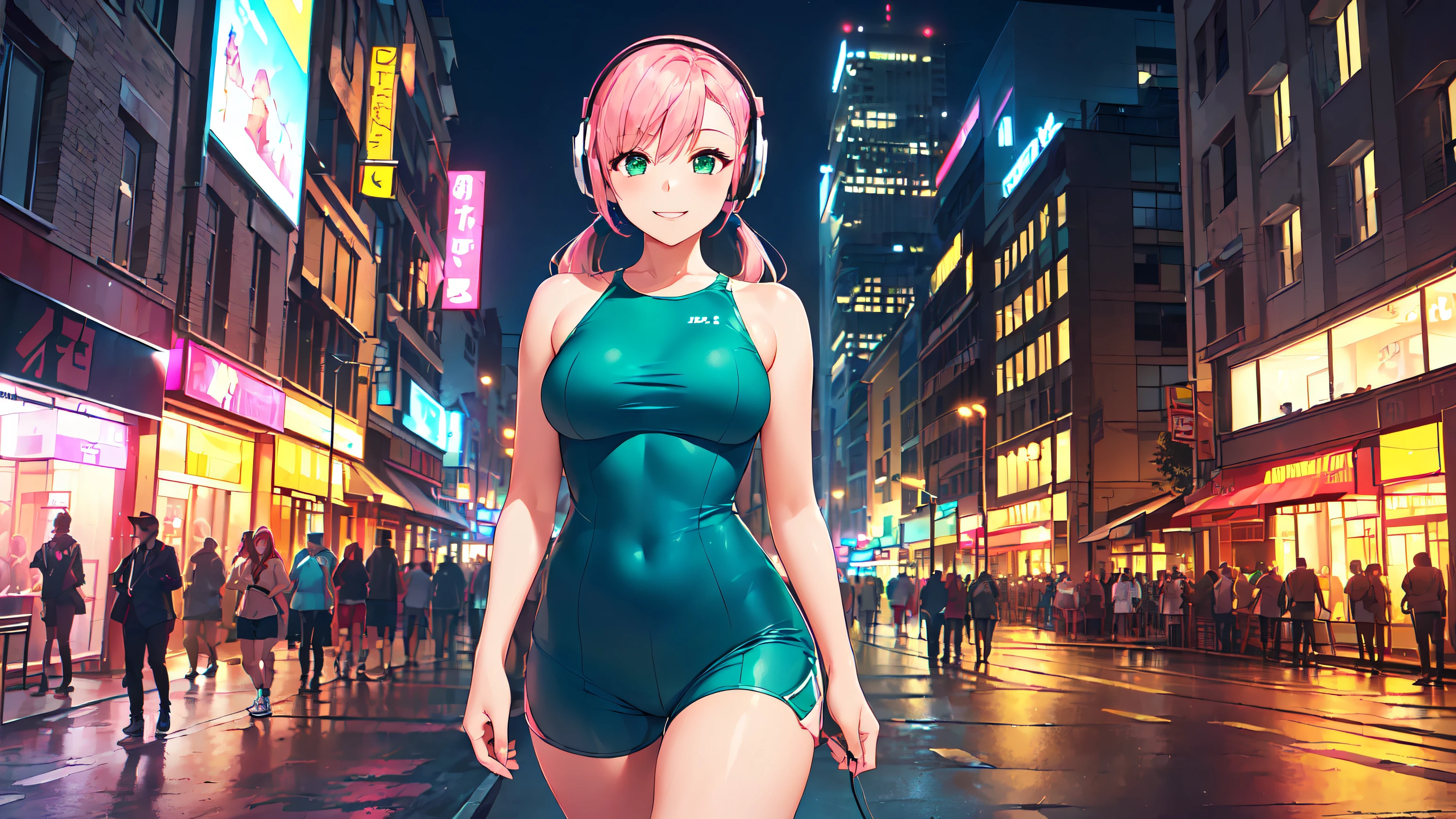 masterpiece, 1girl ((20year old, dressed in a tight 1 piece shorts romper, sneakers, medium breasts:1.2, multicolor pink hair, twin ponytails, perfect model body:1.3, green eyes:1.5, flirting, happy, big smile, wearing headphones, looking at viewer, walking down a busy city street during evening time:1.2, cowboy shot:1.3, tall buildings in the background:1.3, fun and exciting atmosphere:1.2)) ((solo:1.7)) ((evening time))