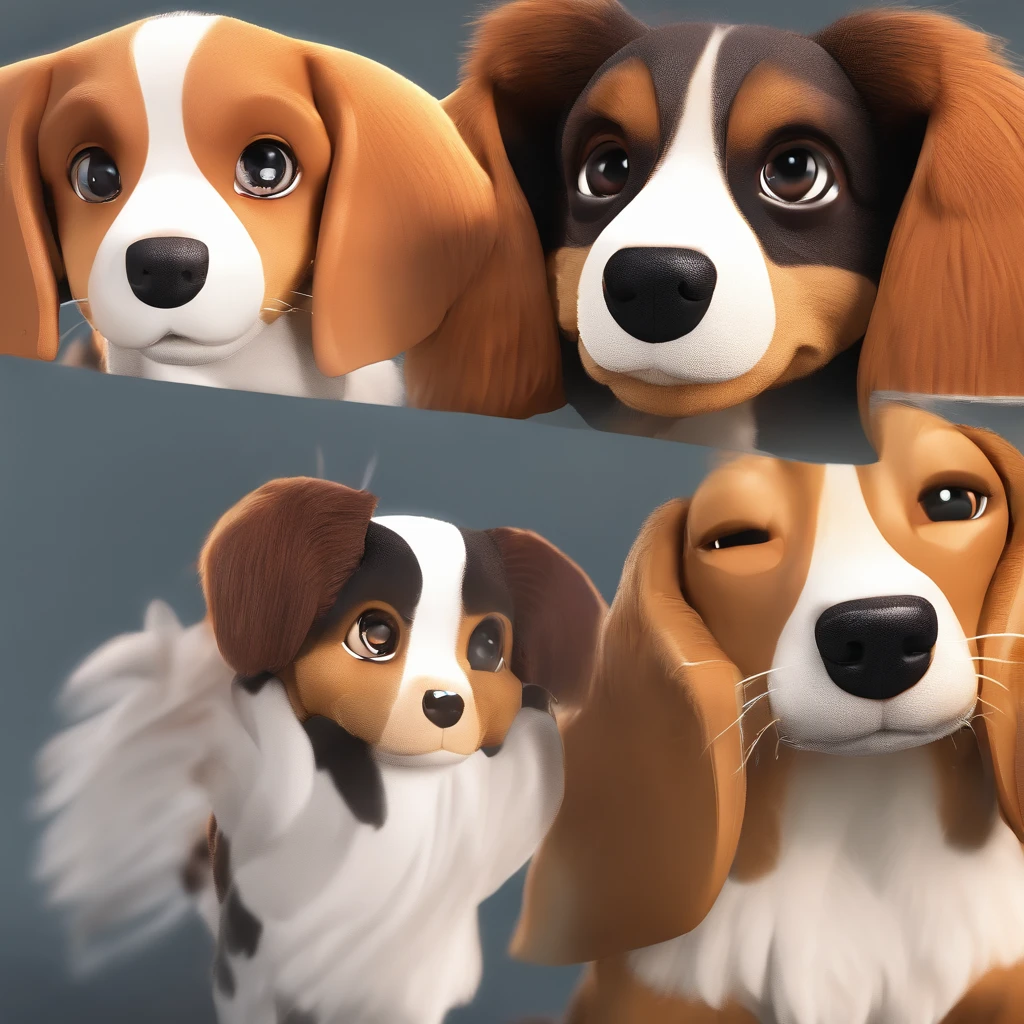 Dois cachorros. Um papillon preto e branco, agitado, com um brinquedo na boca. Um beagle mais velho, caramelo, deitado em sua cama.