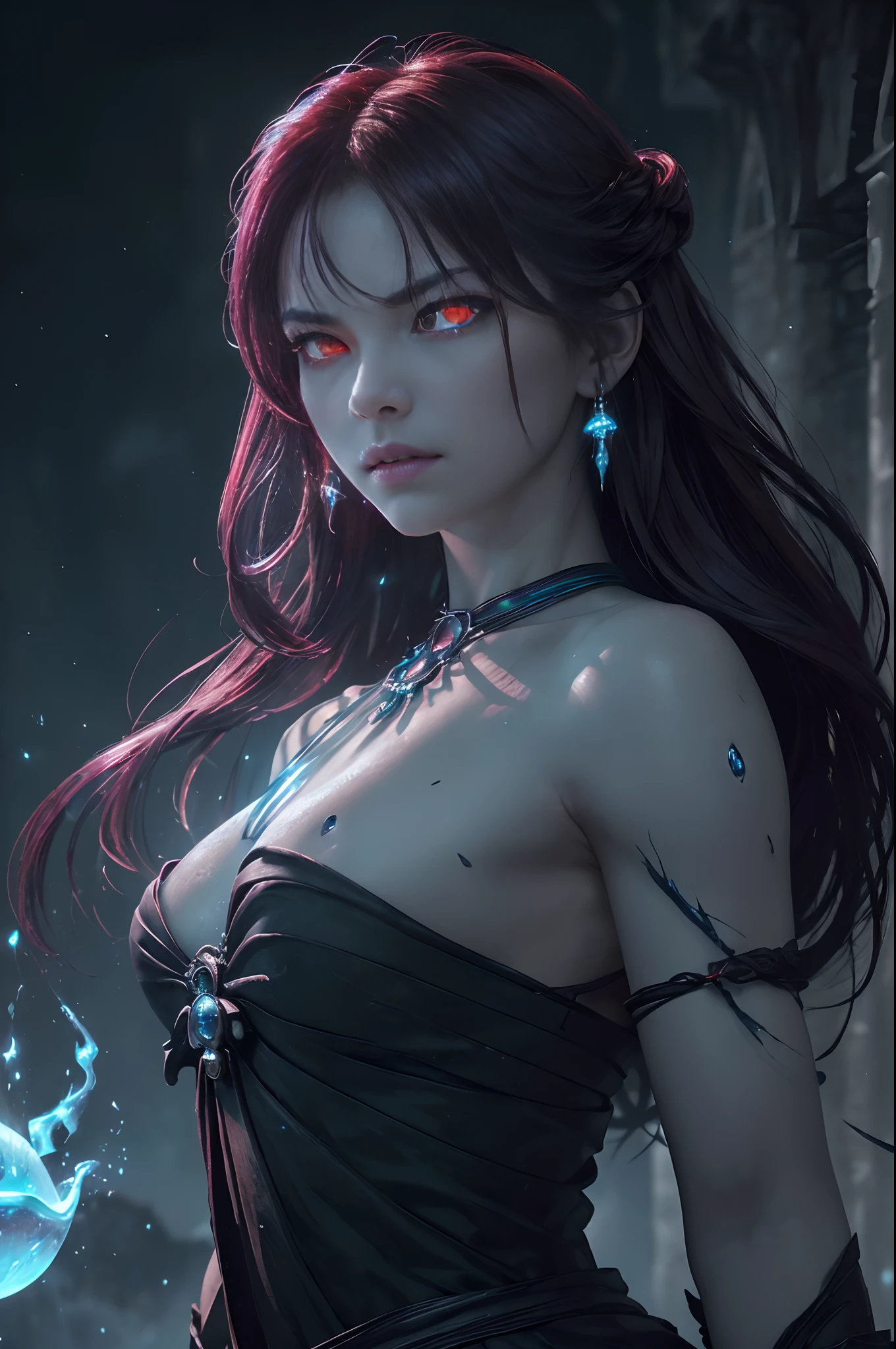 8K、Female demon with big、(number々Award-winning masterpiece、mind-blowing detail、Texture、Maximum detail)、(hyper realstic:1.4)、(realisitic:1.3)、(Upper Body Up:0.4)、(Realistic textured skin of the highest quality)、Unusual facial expressions(Elaborate perfectly symmetrical eyes)、Elaborate face、((medieval world))、((The Lord's Ice Devil))、((The Ice Devil of the Lord's Hell))、(Ice Wall and Ice Eye)、(Like the whole body:1.6)、 (Horrible forms)、(Eyes glowing red in the dark:1.5)、(A pair of red eyes emitting a strong light, blue light from inside:1.5)、(Swirling wall of snow and ice in the background)、(dramatic light)、(A majestic sight)、(angry expressions)、Jewelry piercings in the ears、 (dramatic pose)、(Mohican)、(silber hair)、(maroon hair)、(Upturned hair)、((Downward hair)、(A simple necklace with exquisite workmanship around the neck)、(Bioluminescence with a brilliant glow:1.4)、(Fancy Flame Magic:1.3)、(Swirling flames)、 The Great Temple of the Devil、 Great Temple、 Great Temple、great cathedral、Temple ruins、Separate Temples、(Luminous Magic Circle)、Ruins of the old castle、Shining majestic cloud masses and sky、lightning、Epic graphics、Faded、art by、(by Greg Rutkowski:1.2)、(teal and orange:0.8)、(art stations:0.4)、cinematic、((Neutral Color))、(HDR:1.5)、(Subdued Color:1.5)、The ultra-detailliert、dramatic light、(intricate detailes:1.2)、the complex background、Sharply extended fangs、sharply elongated claws、Variant Demons、