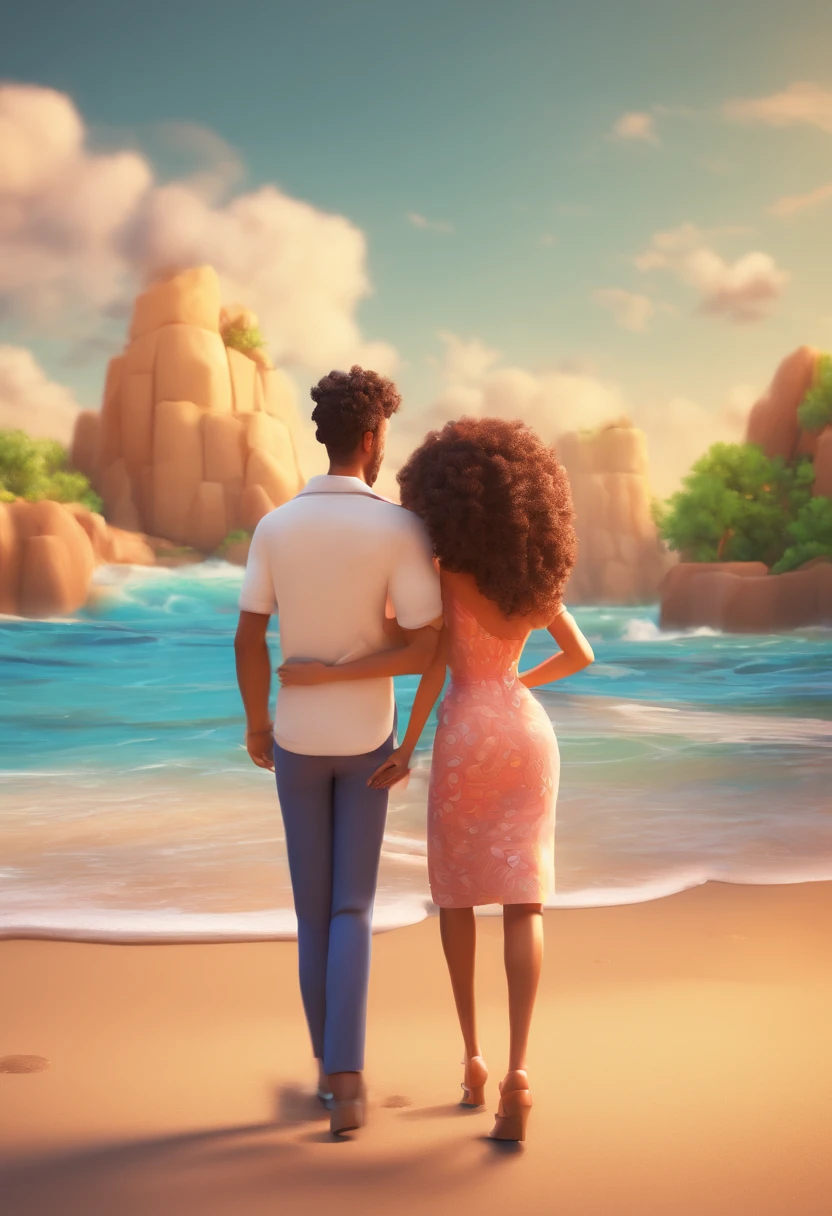 "An illustration of an adorable couple, apresentando um alegre, rechonchudo, Homem mulato e uma mulher de pele branca com belos olhos, de Vidros Expressivos. O homem tem pele mulata e cabelos lisos, enquanto a mulher tem pele branca e cabelos Pretos lisos.. Create this artwork in Full HD, Focus on a cinematic touch, no estilo da Disney Pixar Animations.