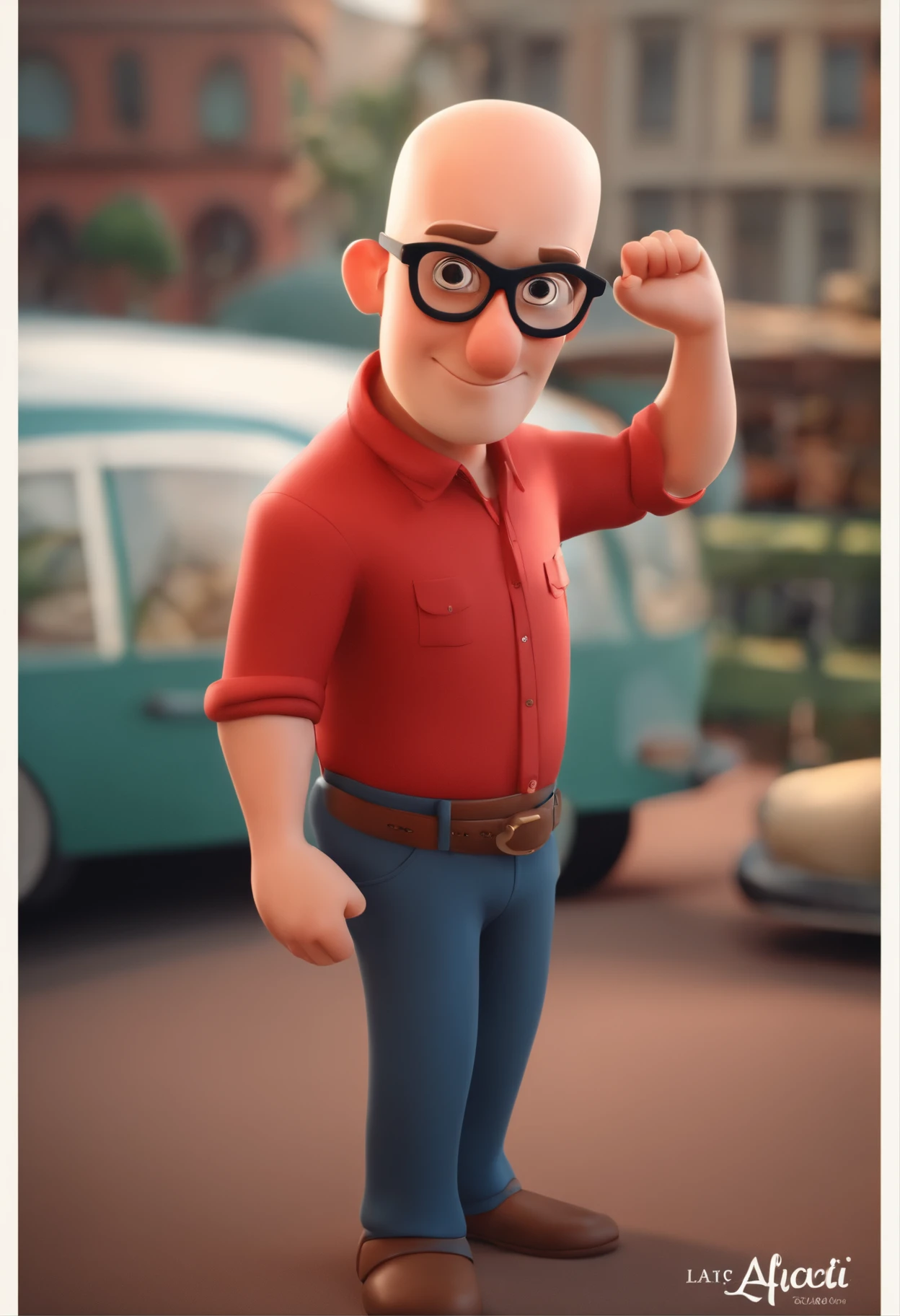 cartoon character of a bald white man with glasses wearing a red shirt written LAFICTI,  ao fundo alunos usando  camisa vermelha escrito LAFICTI, animation character, Caractere estilizado, animation style rendering, 3D estilizado, ( estilo PIXAR ) (best quality) (pele detalhada) (textura detalhada) (8k) (argila) (Cinematic lighting) (foco nítido)