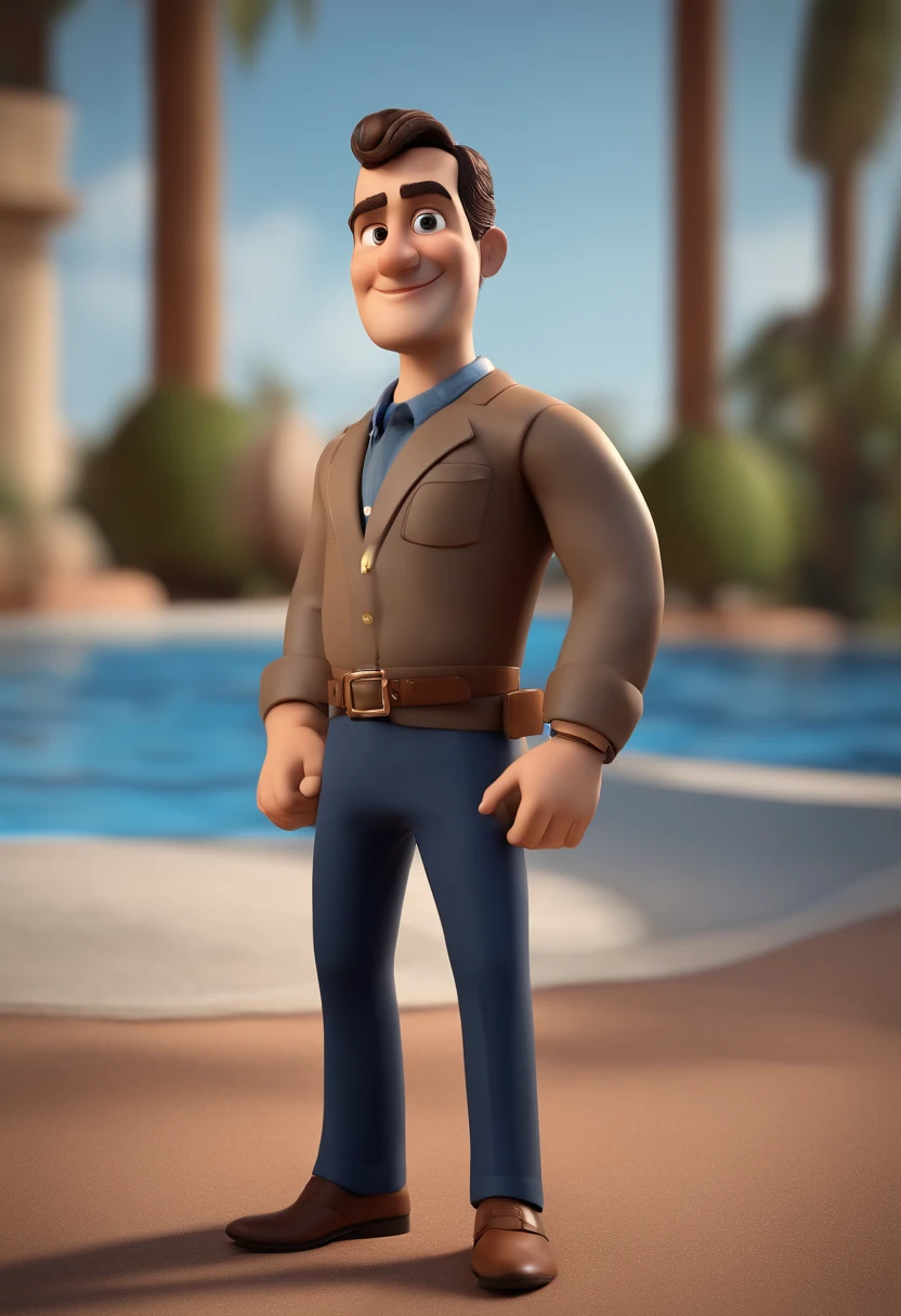 Empresario gordo, de camisa social azul, khaki pants and brown shoes, barba longa, cabelos pretos e curtos, sem oculos, animation character, Caractere estilizado, animation style rendering, 3D estilizado, Arnold Maya render, 3 d render stylized, toon render keyshot, Personagem 3D, Personagem 3D, 3d rendering stylized, 3 d character render, personagem de desenho animado, Personagem de close up, Pose de personagem, (Estilo Pixar) (master part:1.2) (Bokeh) (melhor qualidade) (pele detalhada) (textura detalhada) (8k) (argila) (Cinematic lighting) (foco nítido