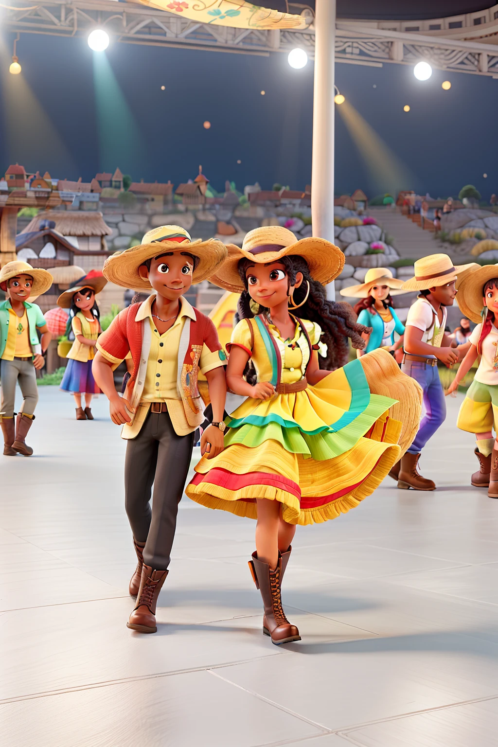 Um casal muito feliz, com roupas coloridas, Black man with straw hat and boot, Woman in braid and small straw hat and boot, while performing in a stingray
