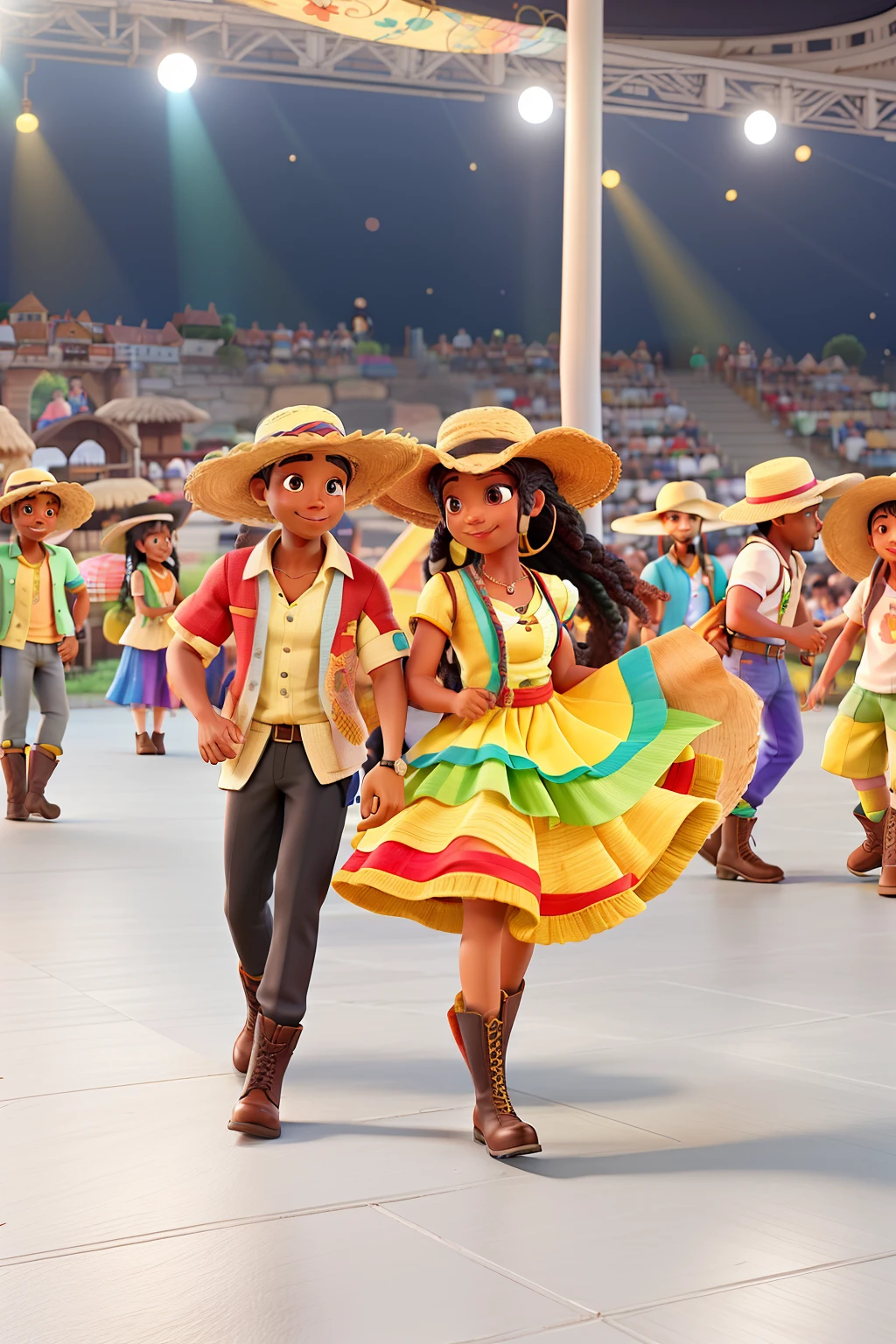 Um casal muito feliz, com roupas coloridas, Black man with straw hat and boot, Woman in braid and small straw hat and boot, while performing in a stingray