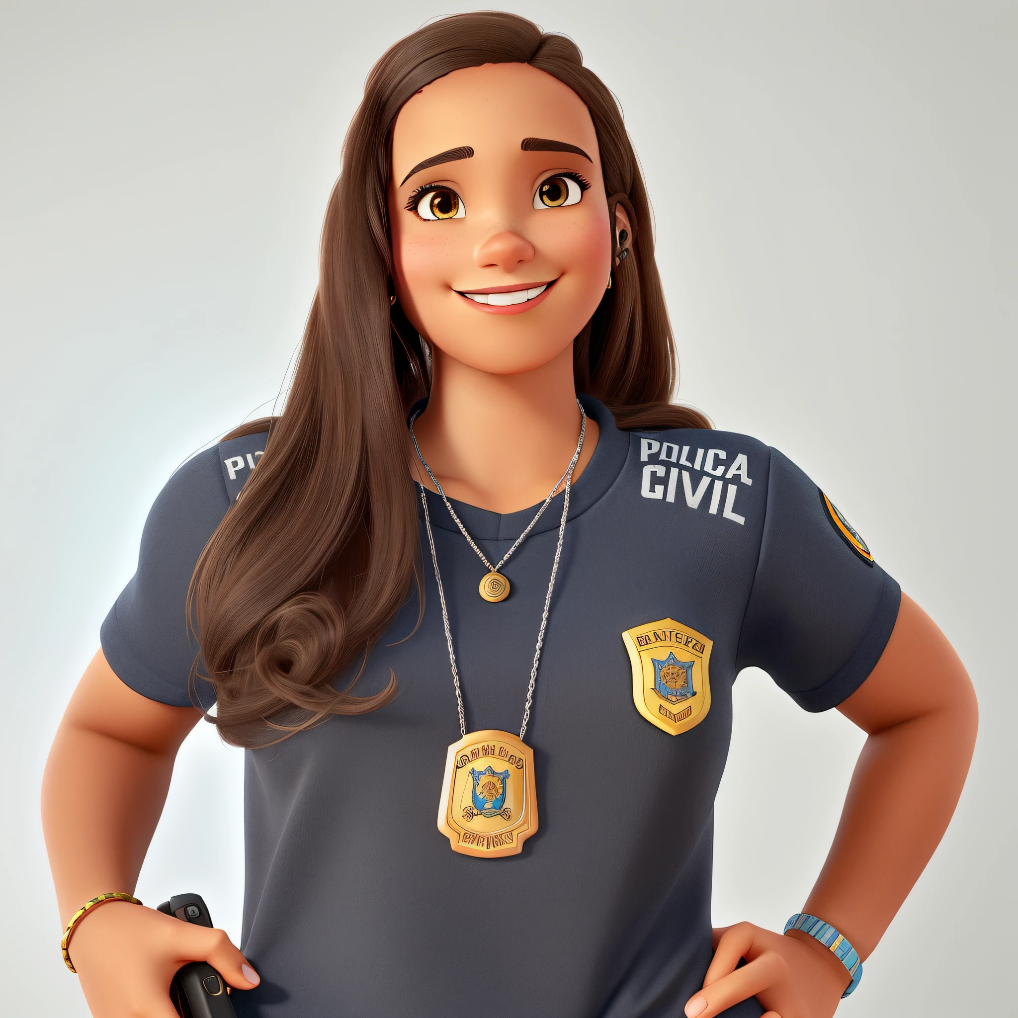 a woman with light brown skin disney pixar style, high quality, with a civil police chief badge from my general government smiling